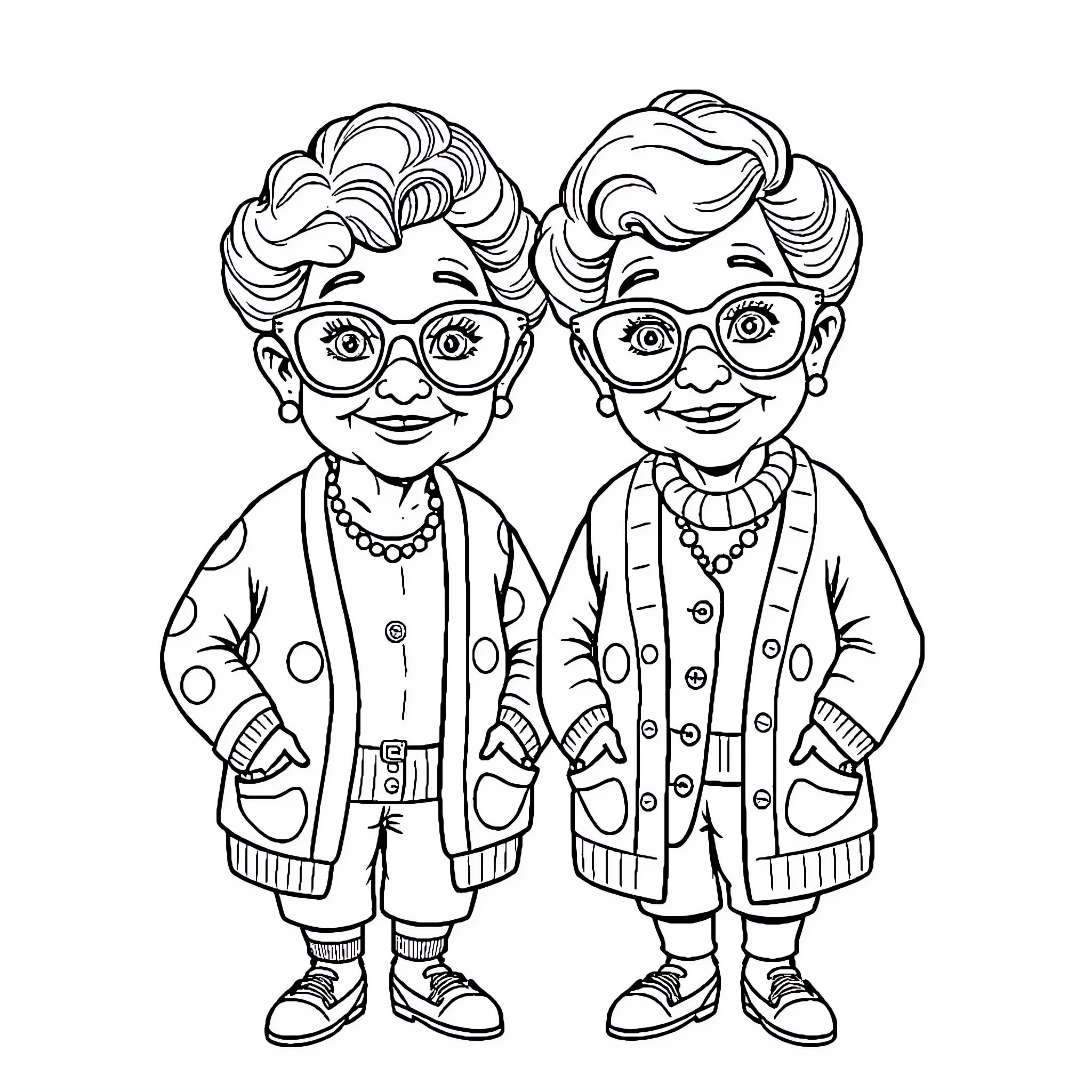 Bluey and Bingo in Stylized Outfits Coloring Page (free black-and-white line drawing printable PDF for all, from beginners to advanced learners, including children, teens, adults, and seniors)