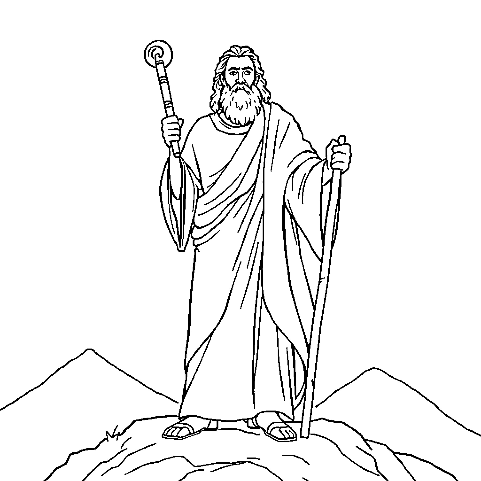 Moses holding staff and commanding in the wilderness Coloring Page (free black-and-white line drawing printable PDF for all, from beginners to advanced learners, including children, teens, adults, and seniors)