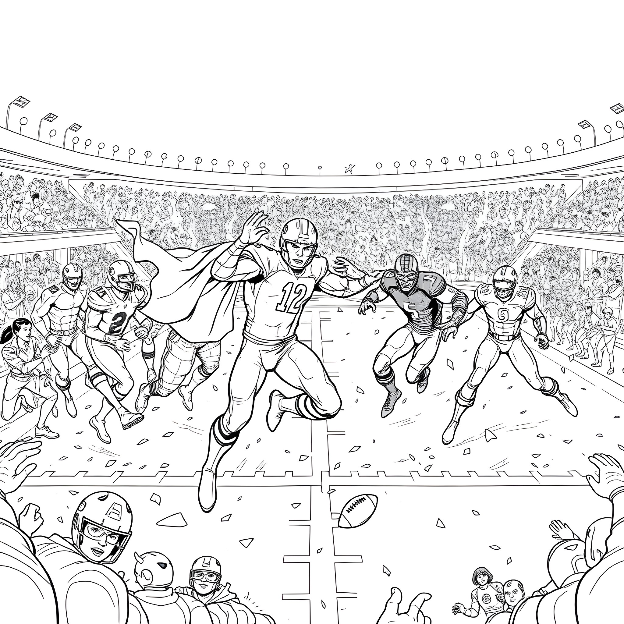 Marvel Superheroes Competing in an Intense Football Game Coloring Page (free black-and-white line drawing printable PDF for all, from beginners to advanced learners, including children, teens, adults, and seniors)