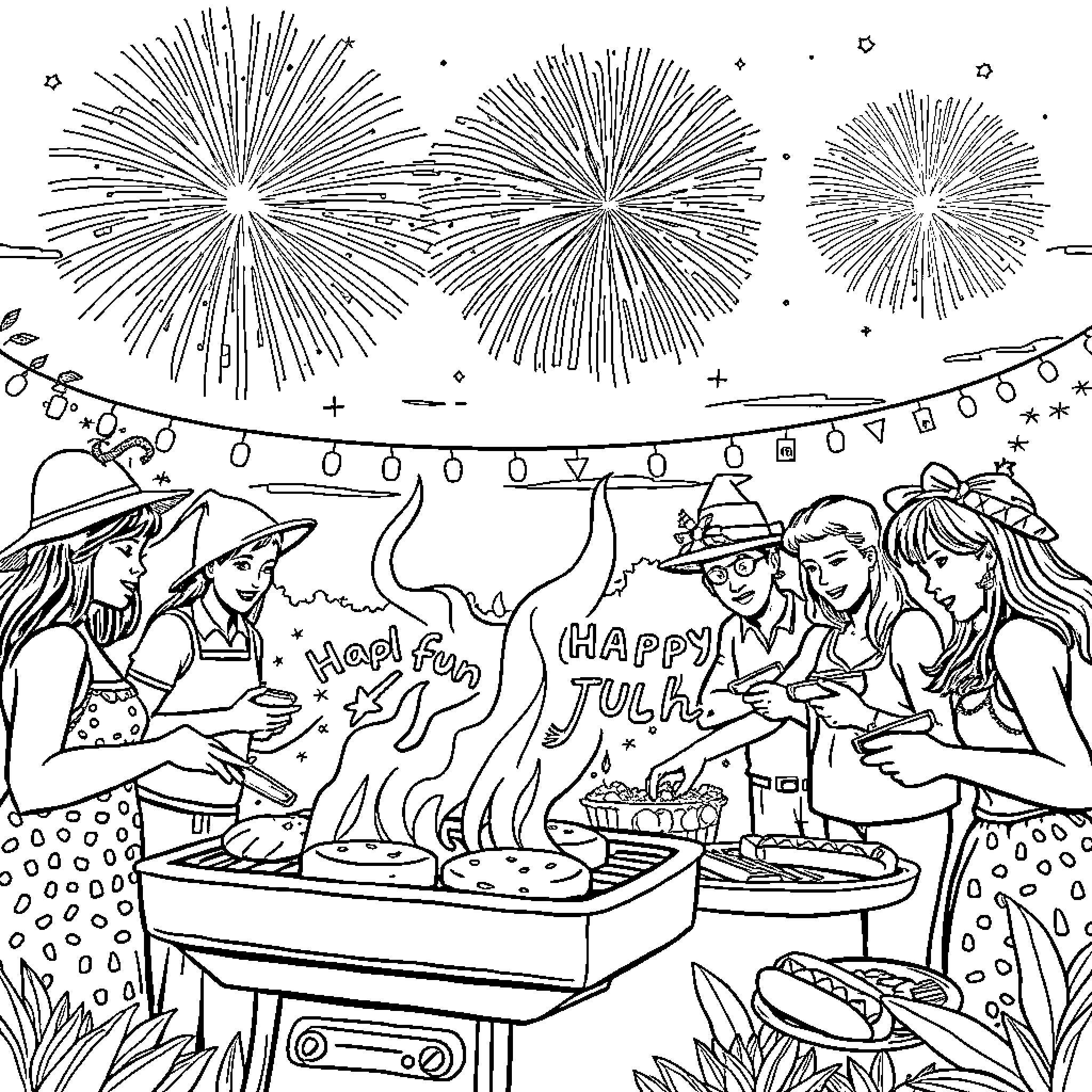BBQ party with festive fireworks and outdoor celebration Coloring Page (free black-and-white line drawing printable PDF for all, from beginners to advanced learners, including children, teens, adults, and seniors)