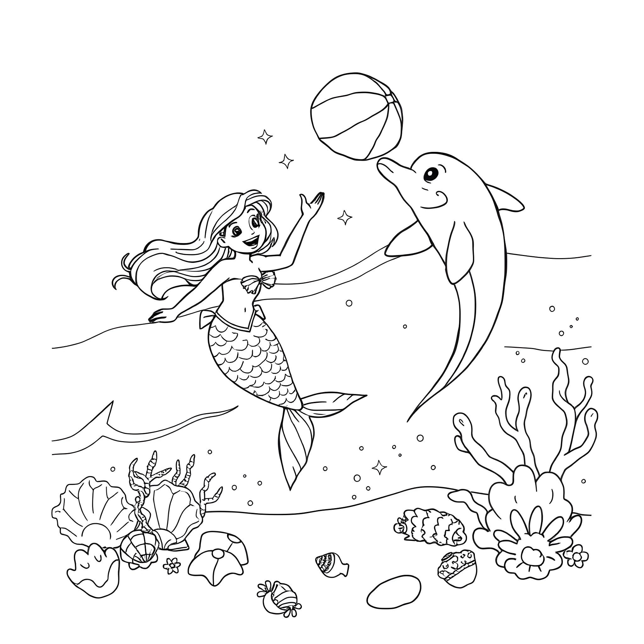 Mermaid playing joyfully with dolphin in the sea Coloring Page (free black-and-white line drawing printable PDF for all, from beginners to advanced learners, including children, teens, adults, and seniors)