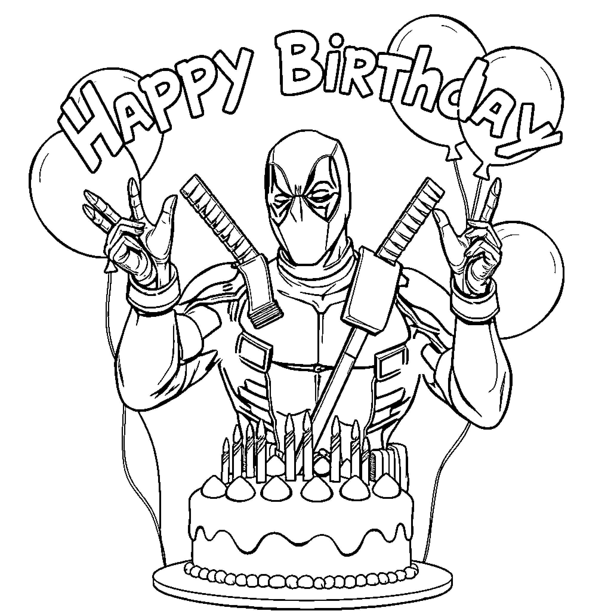 Deadpool celebrates Happy Birthday with cake and balloons Coloring Page (free black-and-white line drawing printable PDF for all, from beginners to advanced learners, including children, teens, adults, and seniors)
