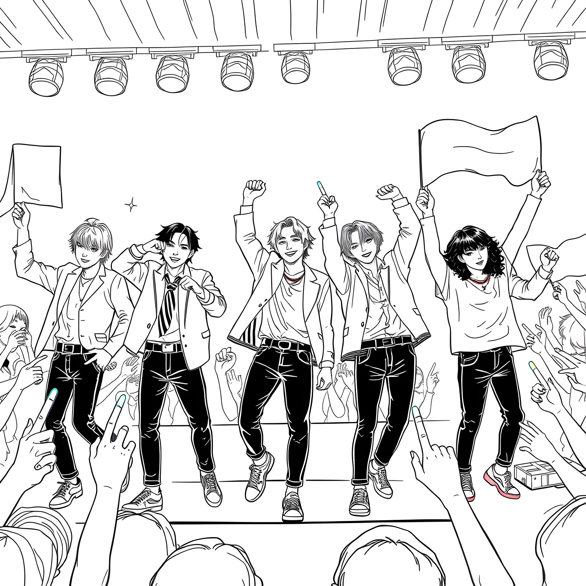 BTS members performing passionately on stage Coloring Page (free black-and-white line drawing printable PDF for all, from beginners to advanced learners, including children, teens, adults, and seniors)