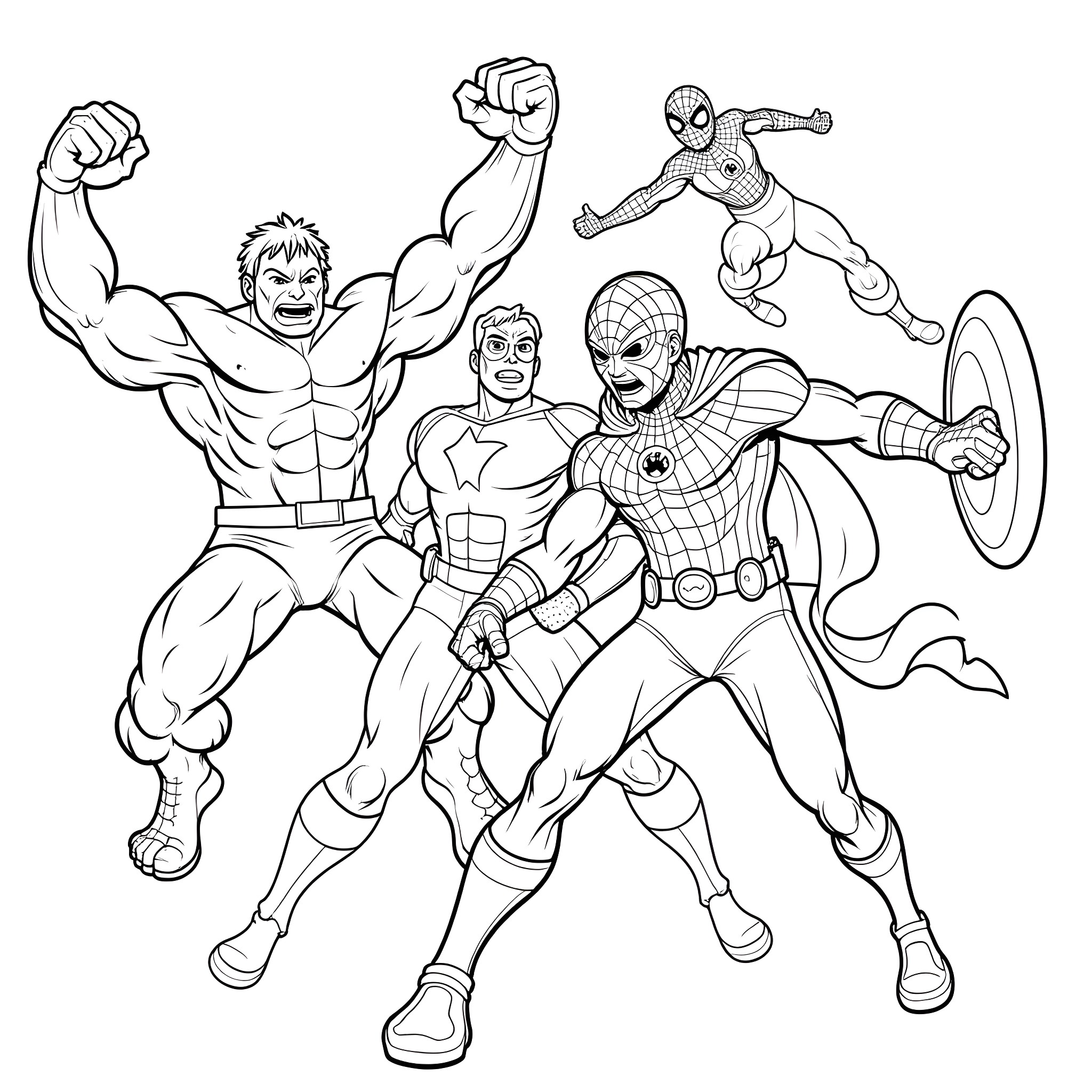 Nova superheroes assembling for action Coloring Page (free black-and-white line drawing printable PDF for all, from beginners to advanced learners, including children, teens, adults, and seniors)