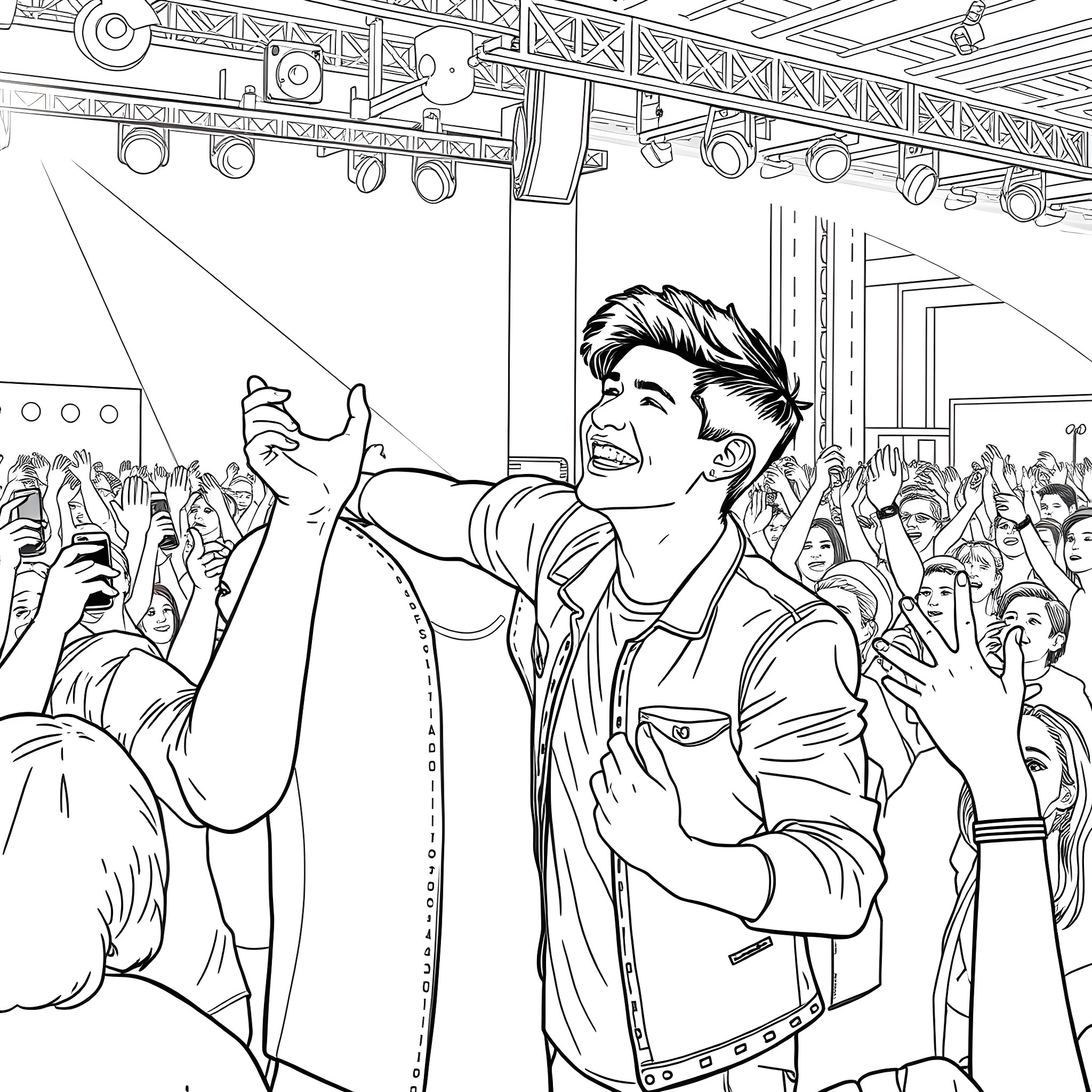 Shawn Mendes performing on stage with excited crowd Coloring Page (free black-and-white line drawing printable PDF for all, from beginners to advanced learners, including children, teens, adults, and seniors)
