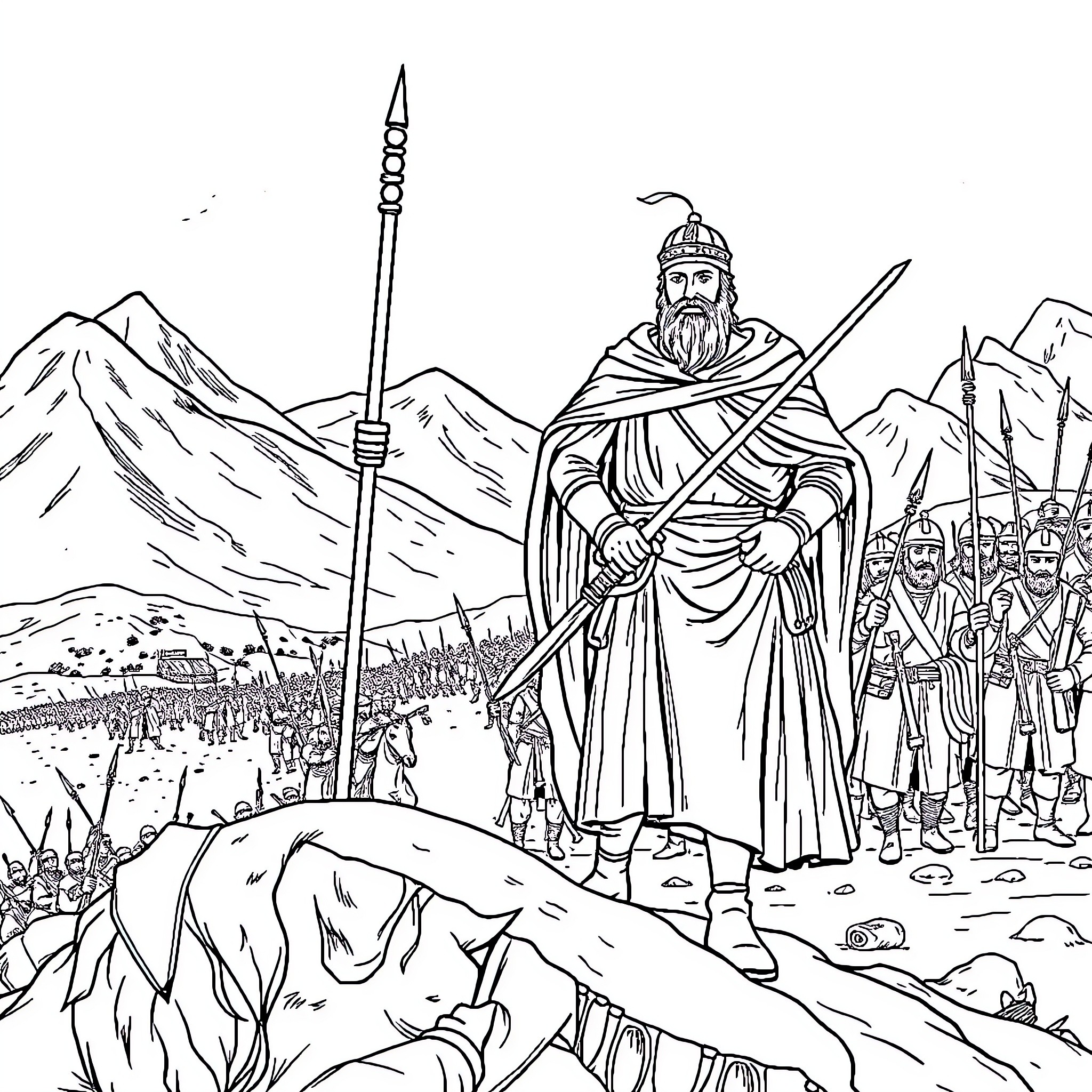 Judas Maccabeus Leading His Army Into Battle Coloring Page (free black-and-white line drawing printable PDF for all, from beginners to advanced learners, including children, teens, adults, and seniors)