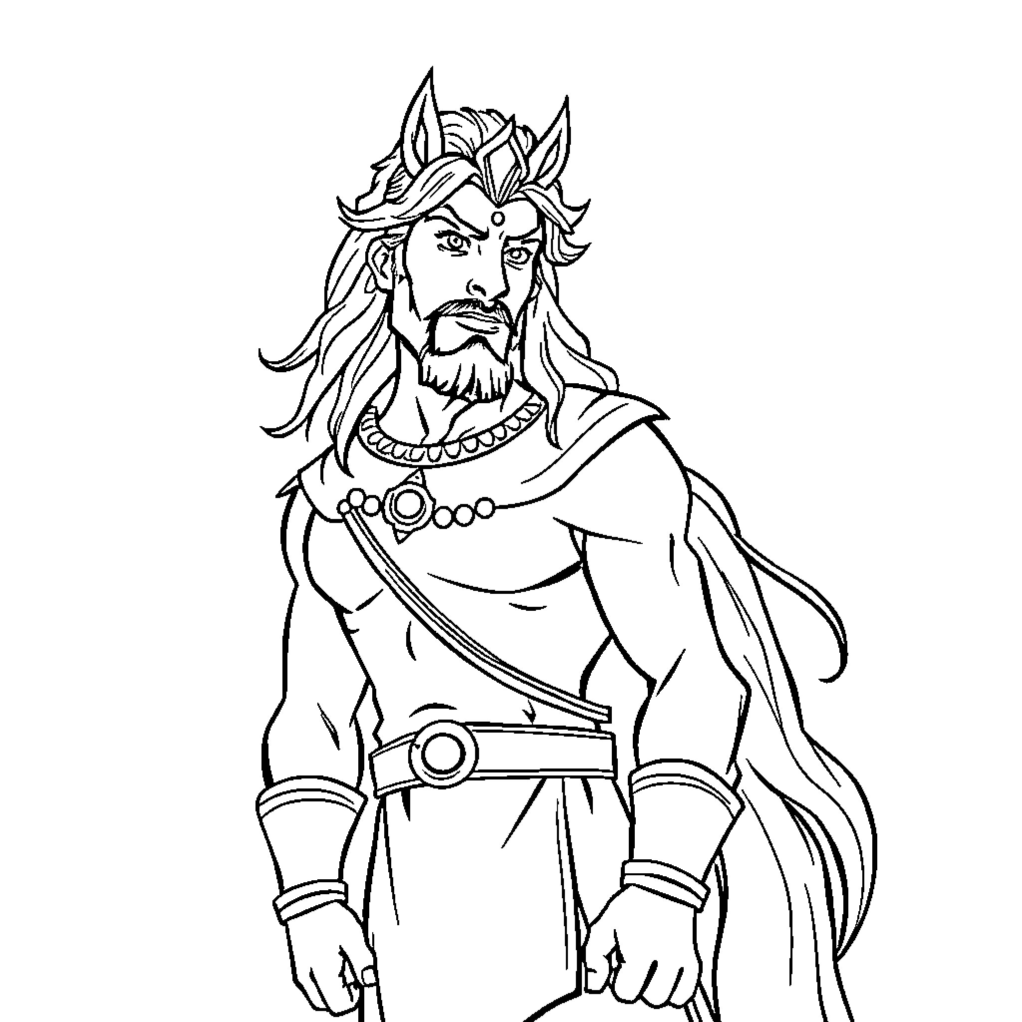 Kaisar the Mighty Ruler in Warrior Attire Coloring Page (free black-and-white line drawing printable PDF for all, from beginners to advanced learners, including children, teens, adults, and seniors)