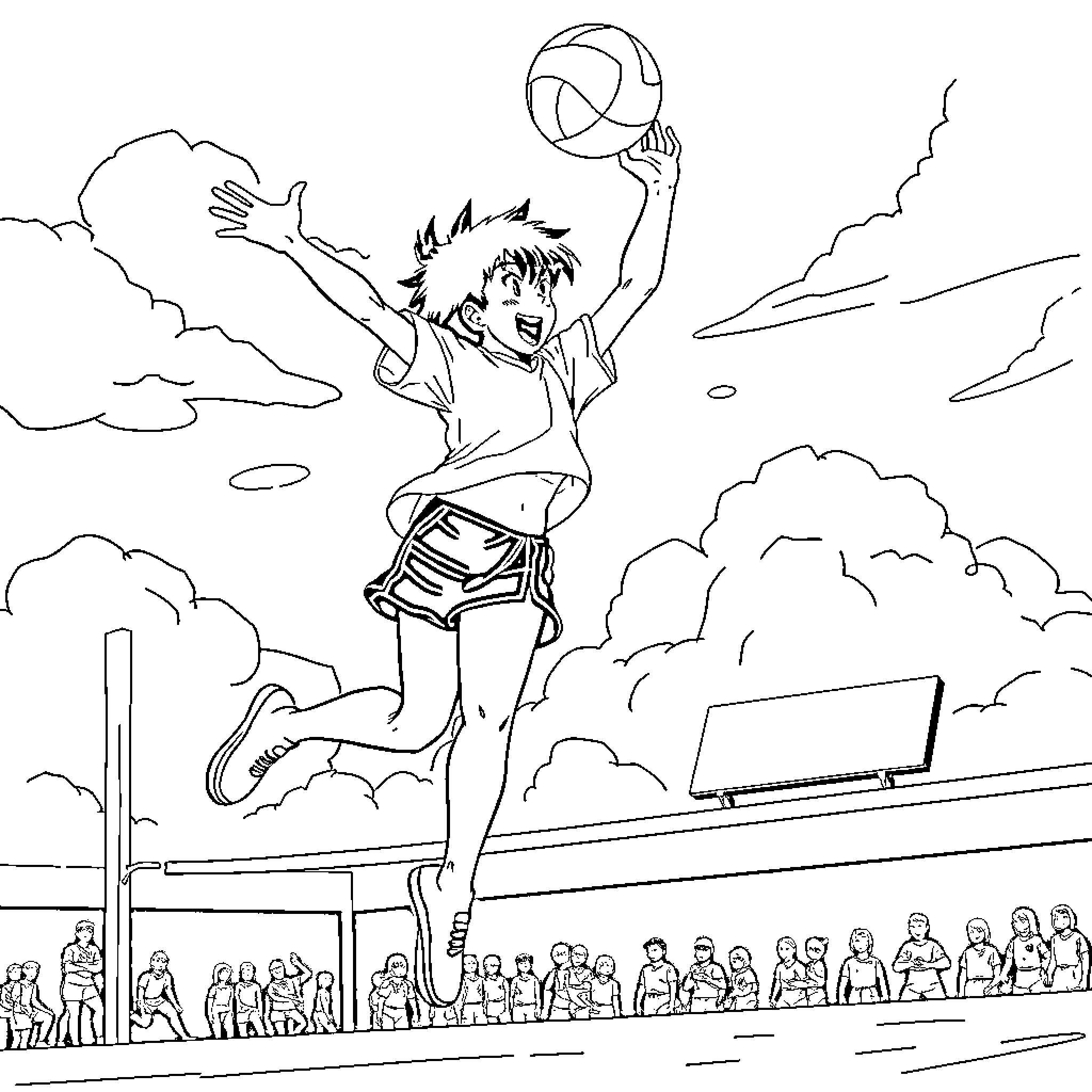 Shoyo Hinata playing volleyball in the clouds Coloring Page (free black-and-white line drawing printable PDF for all, from beginners to advanced learners, including children, teens, adults, and seniors)