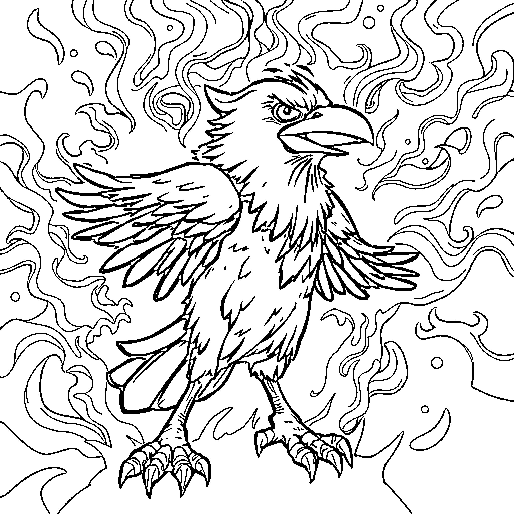 Crow standing amidst swirling mystical energy patterns Coloring Page (free black-and-white line drawing printable PDF for all, from beginners to advanced learners, including children, teens, adults, and seniors)