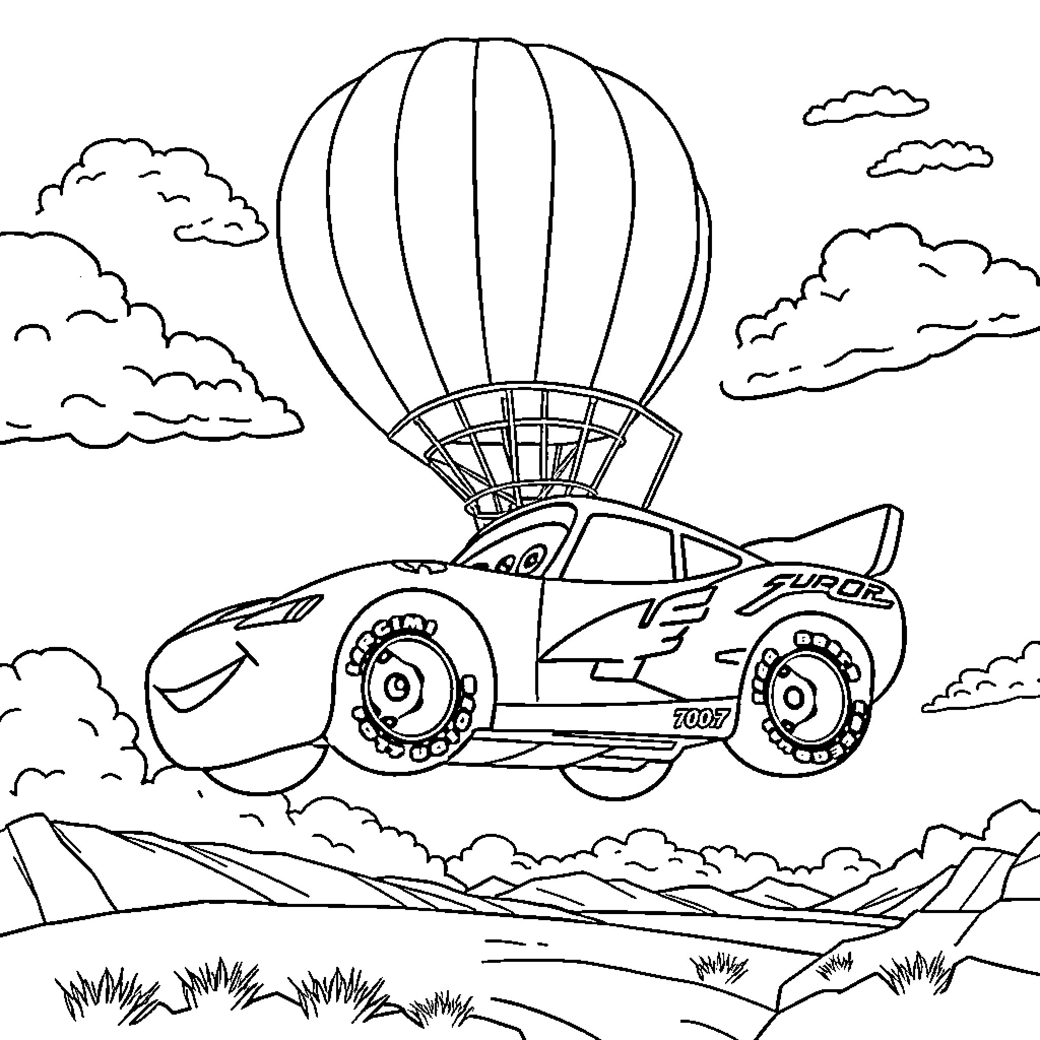 Lightning McQueen racing with hot air balloon in the sky Coloring Page (free black-and-white line drawing printable PDF for all, from beginners to advanced learners, including children, teens, adults, and seniors)