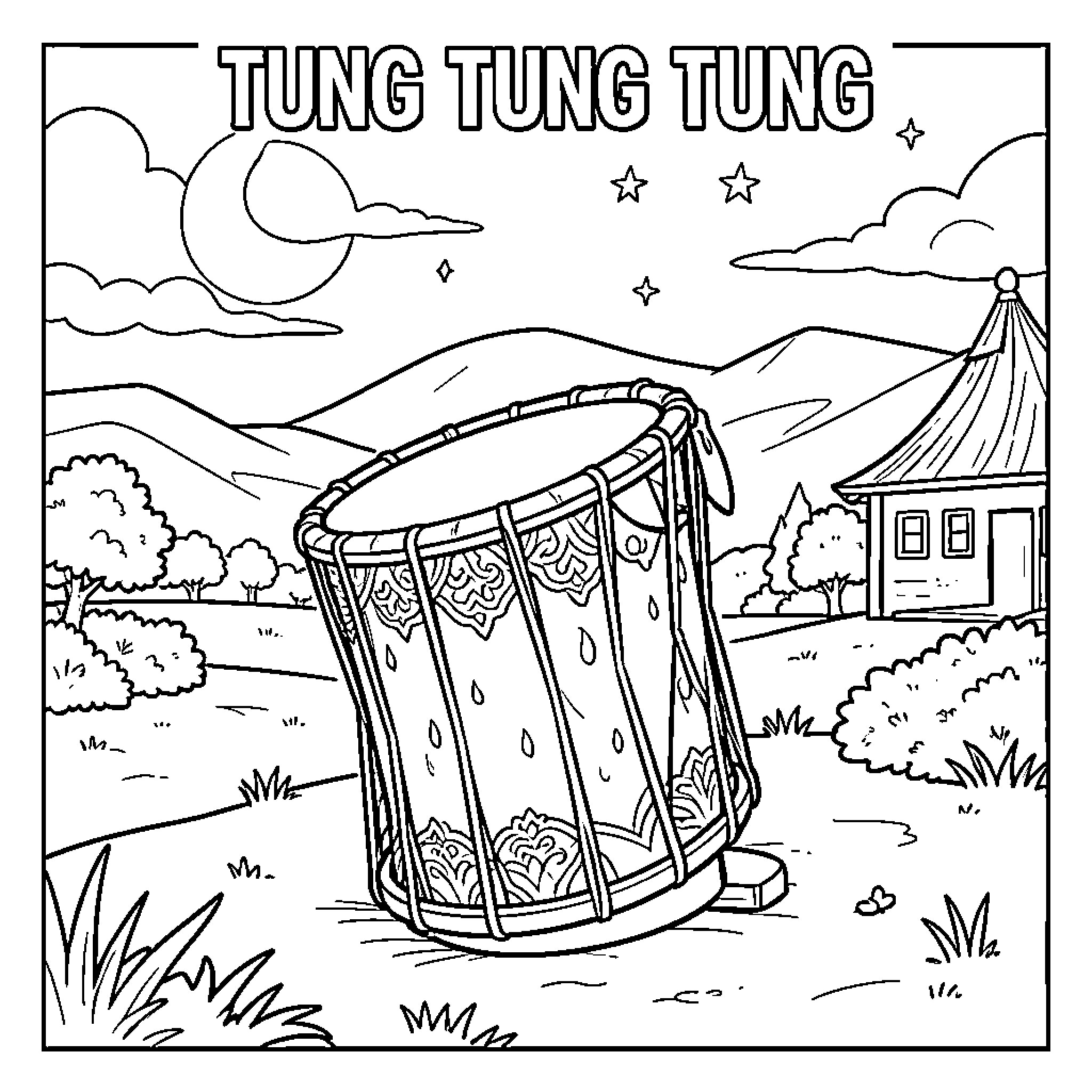 Tung Tung Tung drum sitting in a landscape Coloring Page (free black-and-white line drawing printable PDF for all, from beginners to advanced learners, including children, teens, adults, and seniors)
