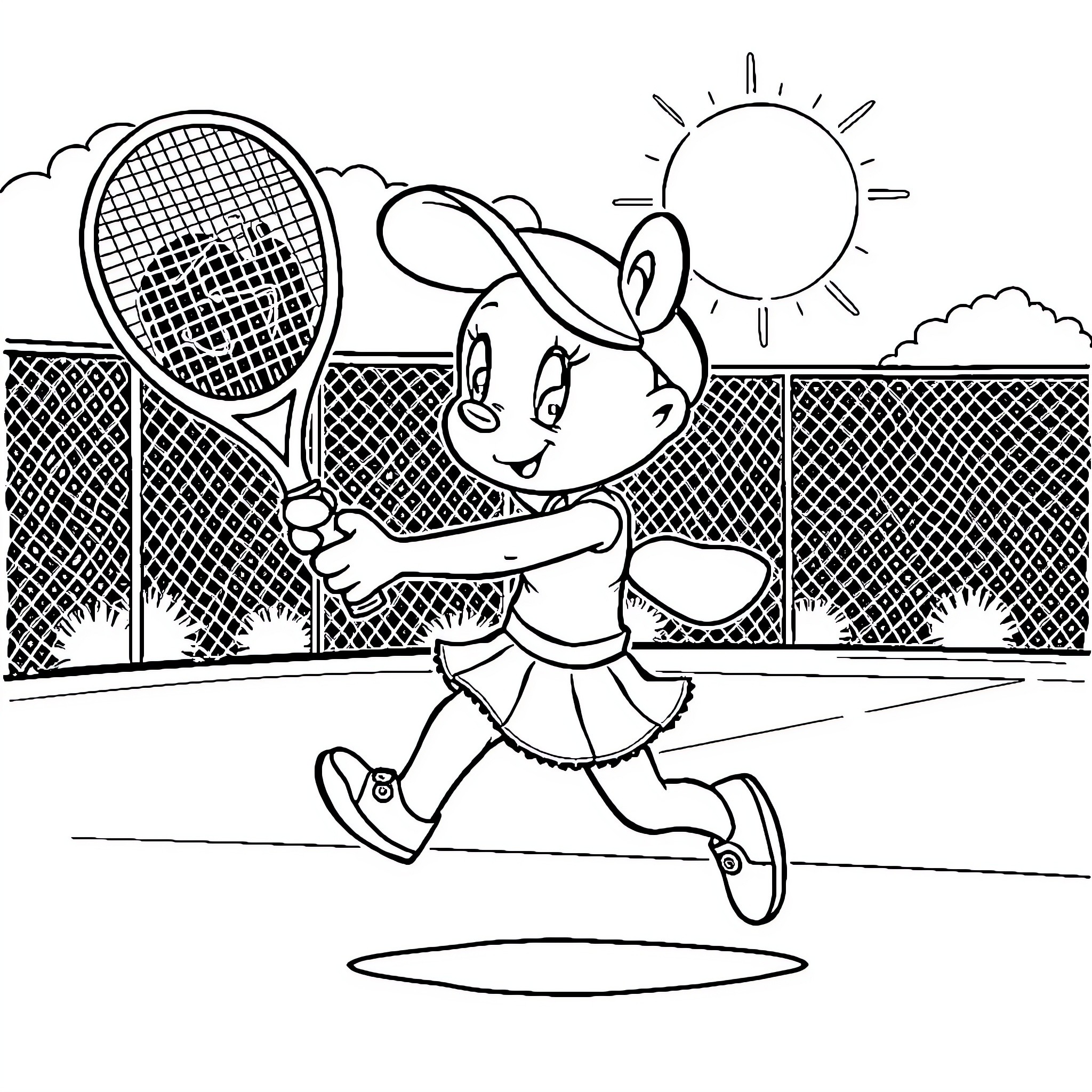 Bluey playing happily on the tennis court Coloring Page (free black-and-white line drawing printable PDF for all, from beginners to advanced learners, including children, teens, adults, and seniors)