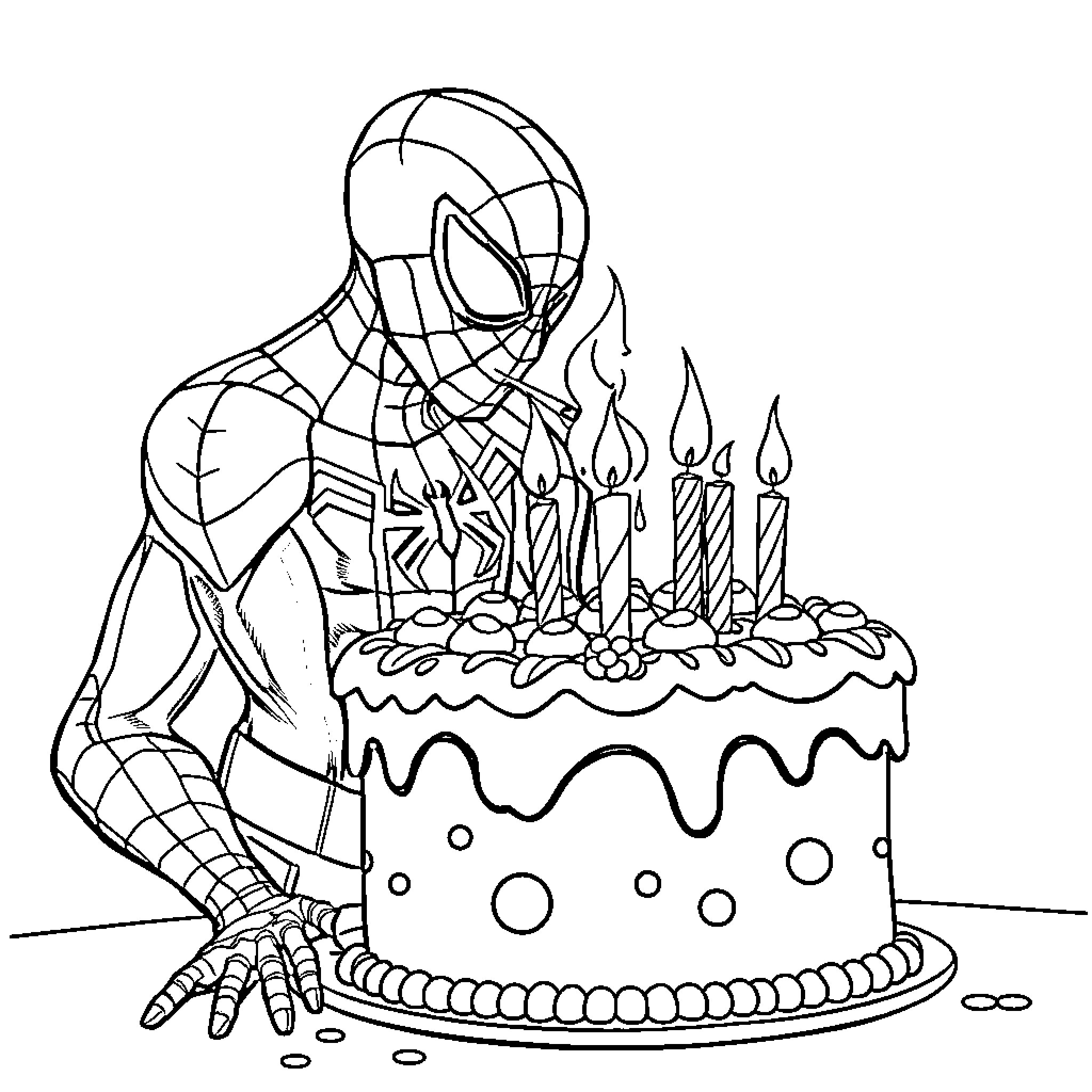 Spider-Man celebrating with birthday cake Coloring Page (free black-and-white line drawing printable PDF for all, from beginners to advanced learners, including children, teens, adults, and seniors)