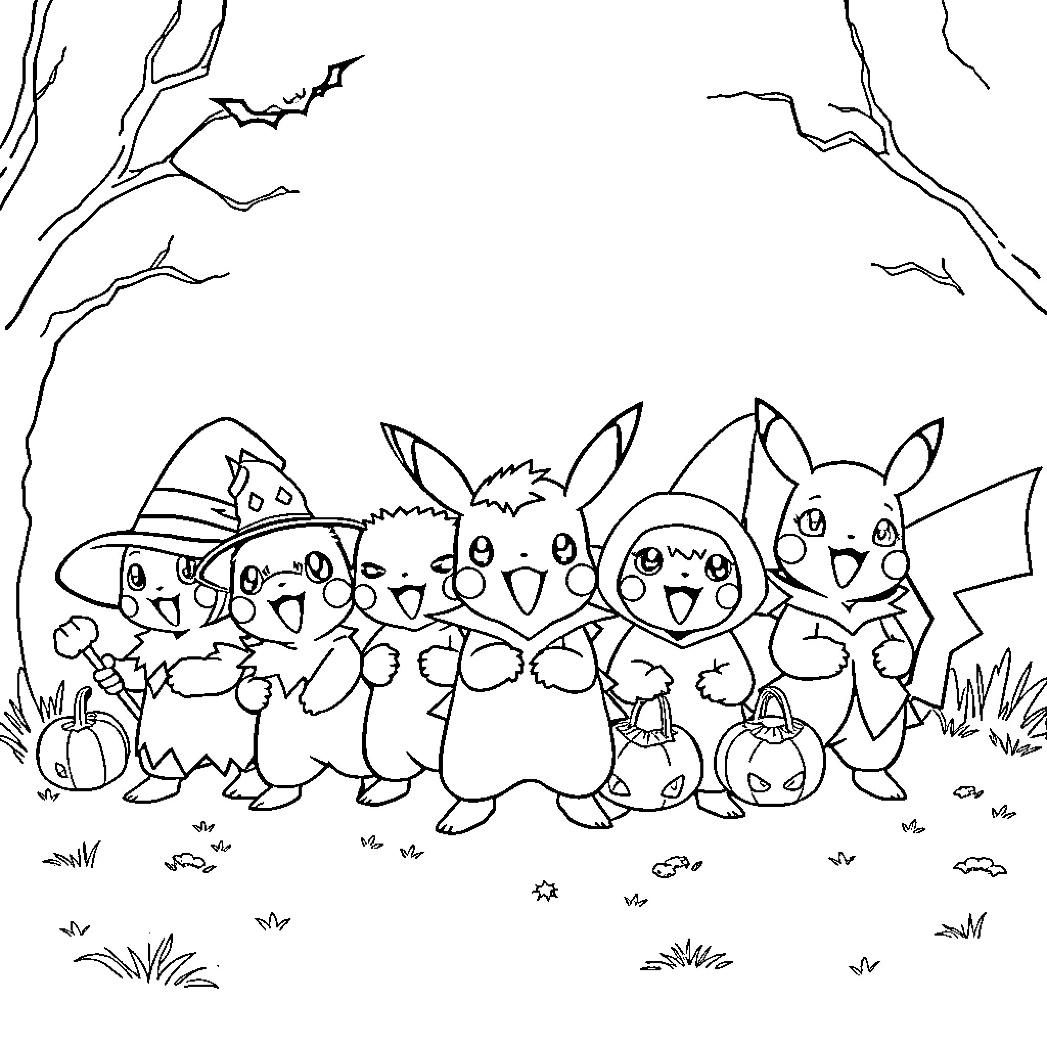 Pokémon characters gathering in a forest scene Coloring Page (free black-and-white line drawing printable PDF for all, from beginners to advanced learners, including children, teens, adults, and seniors)