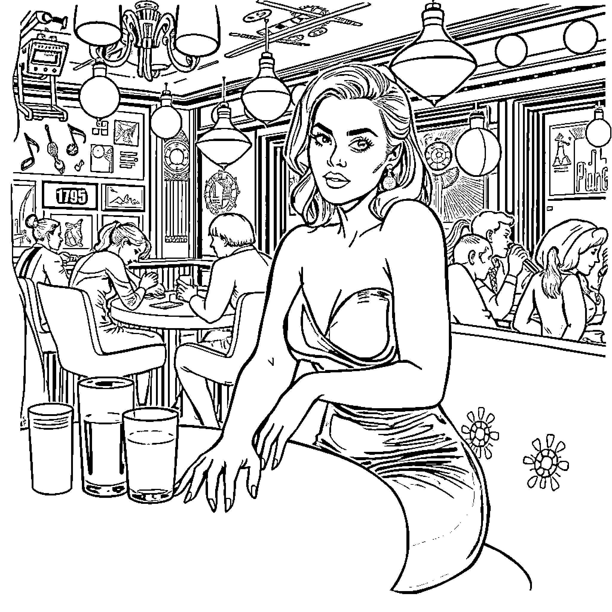 Margot Robbie as a mermaid in a retro-style bar scene Coloring Page (free black-and-white line drawing printable PDF for all, from beginners to advanced learners, including children, teens, adults, and seniors)