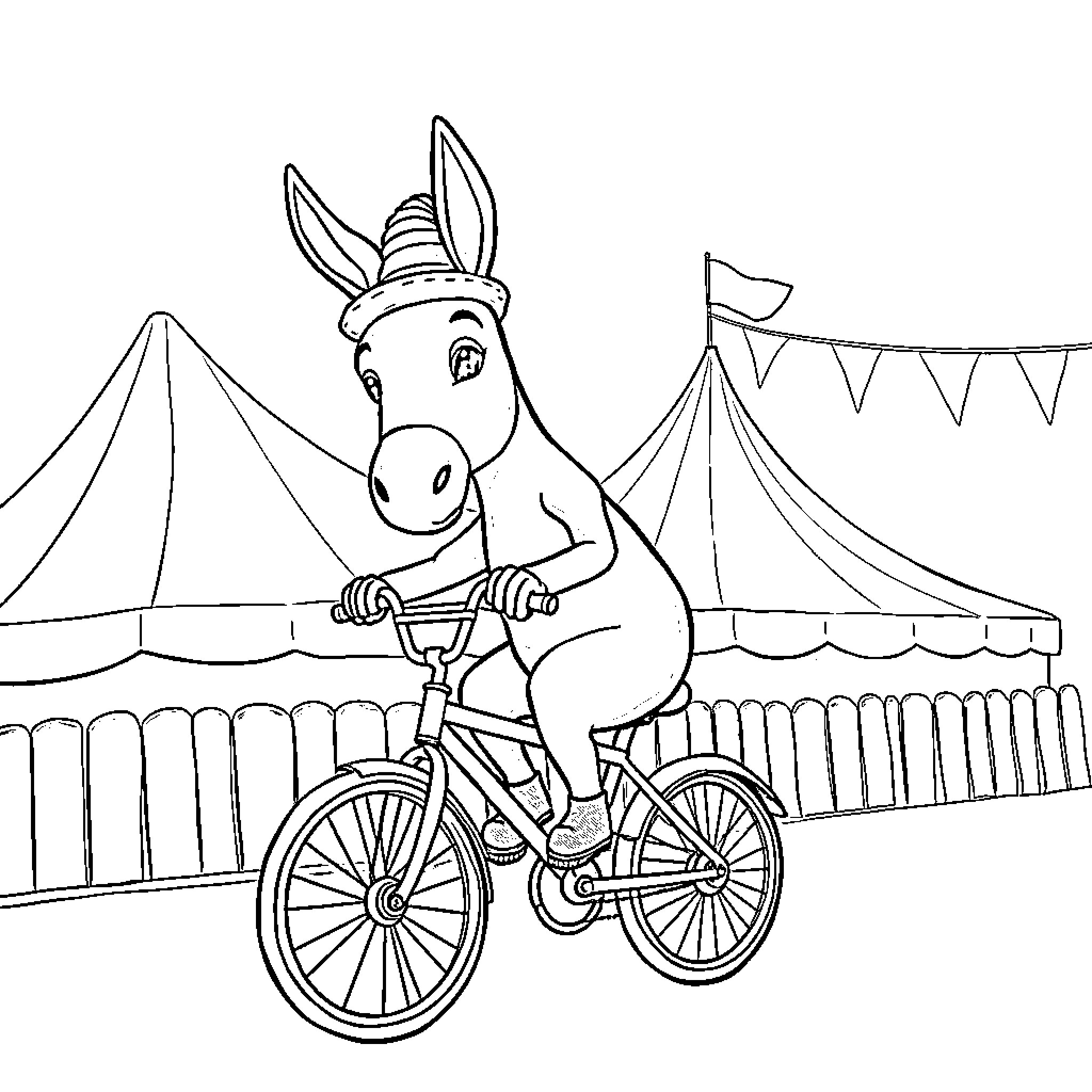 Donkey riding bicycle at the carnival Coloring Page (free black-and-white line drawing printable PDF for all, from beginners to advanced learners, including children, teens, adults, and seniors)