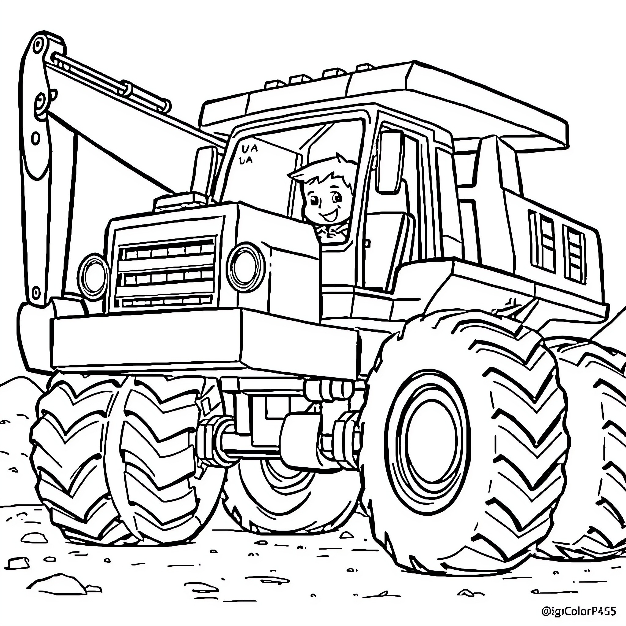 Excavator transporting materials on construction site Coloring Page (free black-and-white line drawing printable PDF for all, from beginners to advanced learners, including children, teens, adults, and seniors)