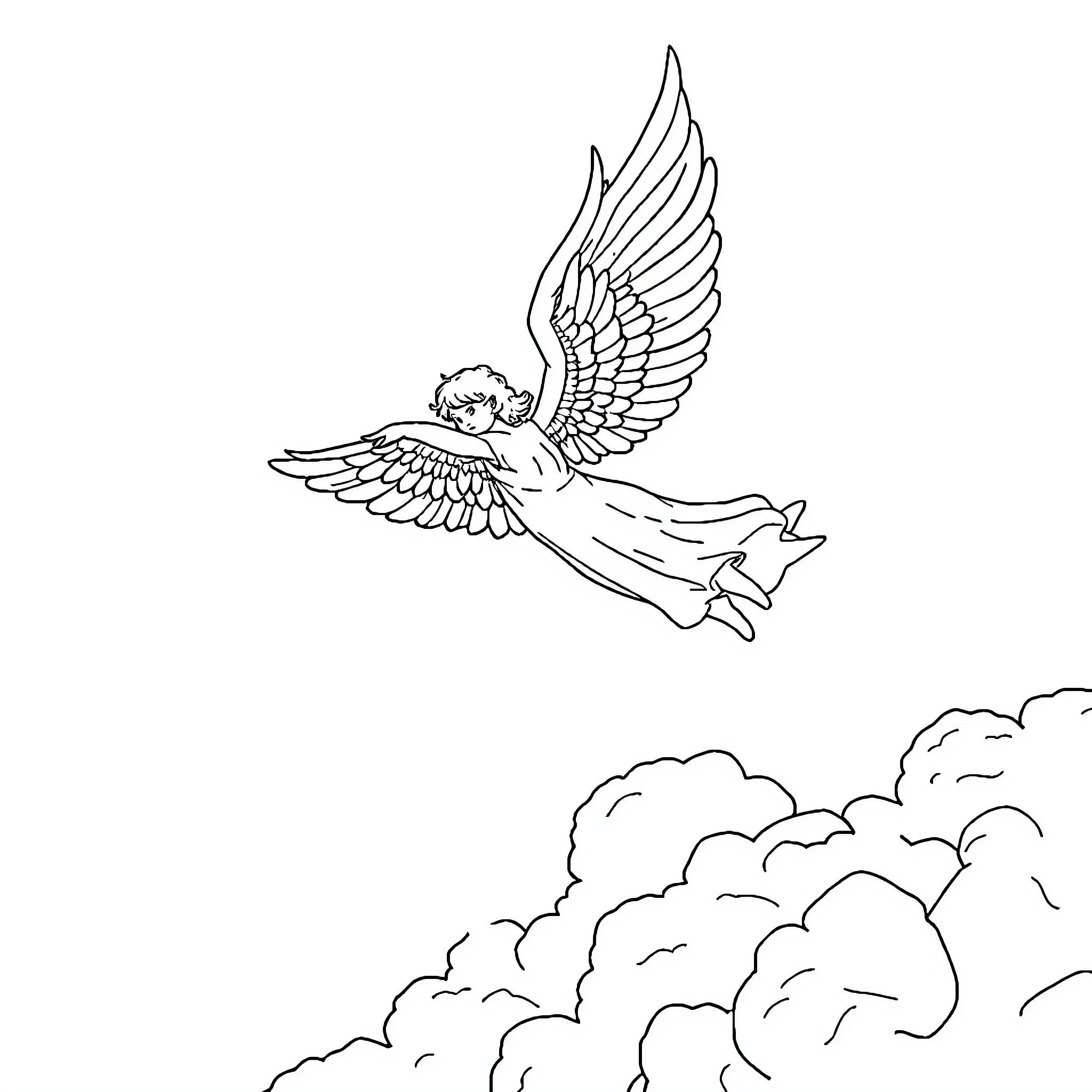 Angel soaring through the clouds Coloring Page (free black-and-white line drawing printable PDF for all, from beginners to advanced learners, including children, teens, adults, and seniors)