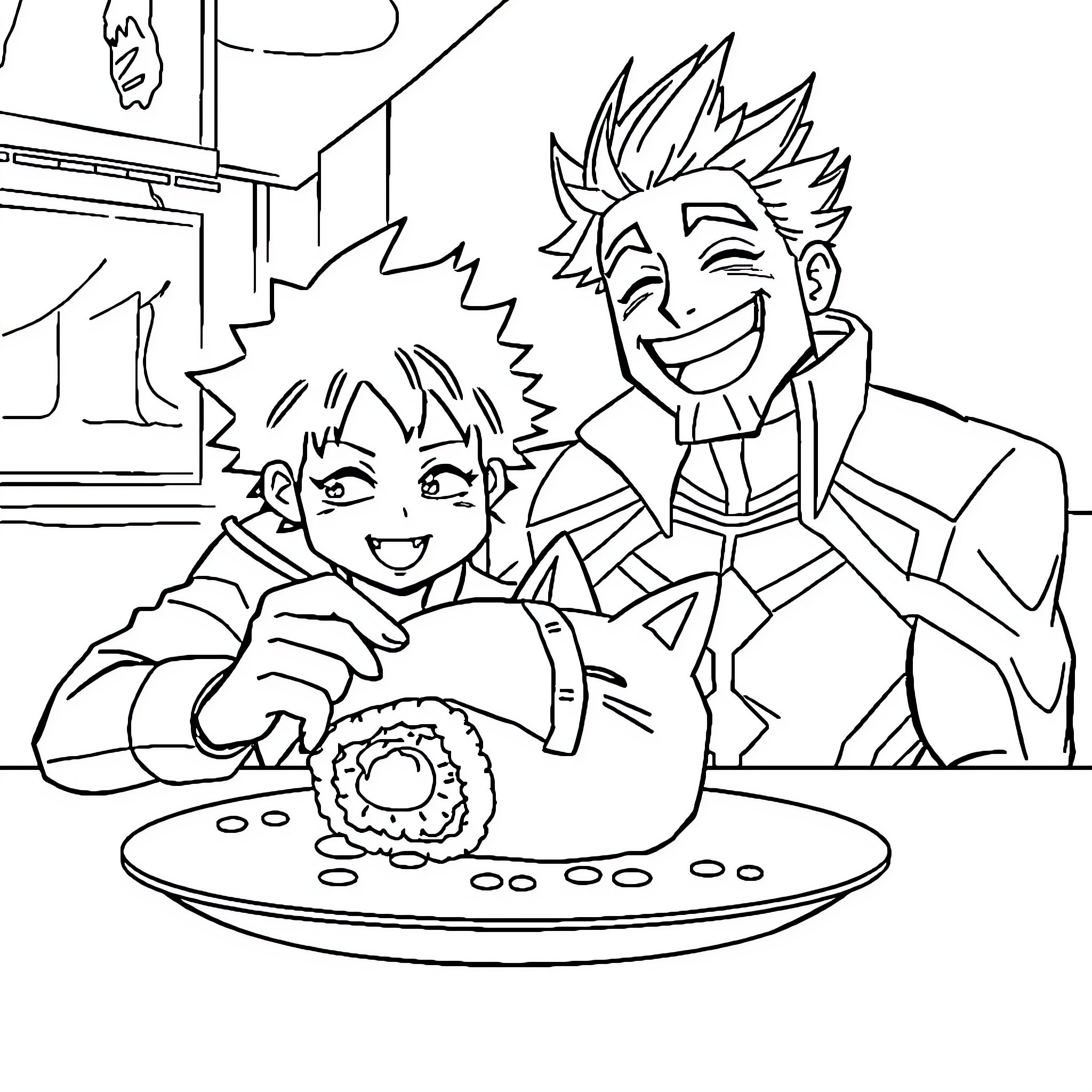Izuku and his friend enjoying a meal together Coloring Page (free black-and-white line drawing printable PDF for all, from beginners to advanced learners, including children, teens, adults, and seniors)