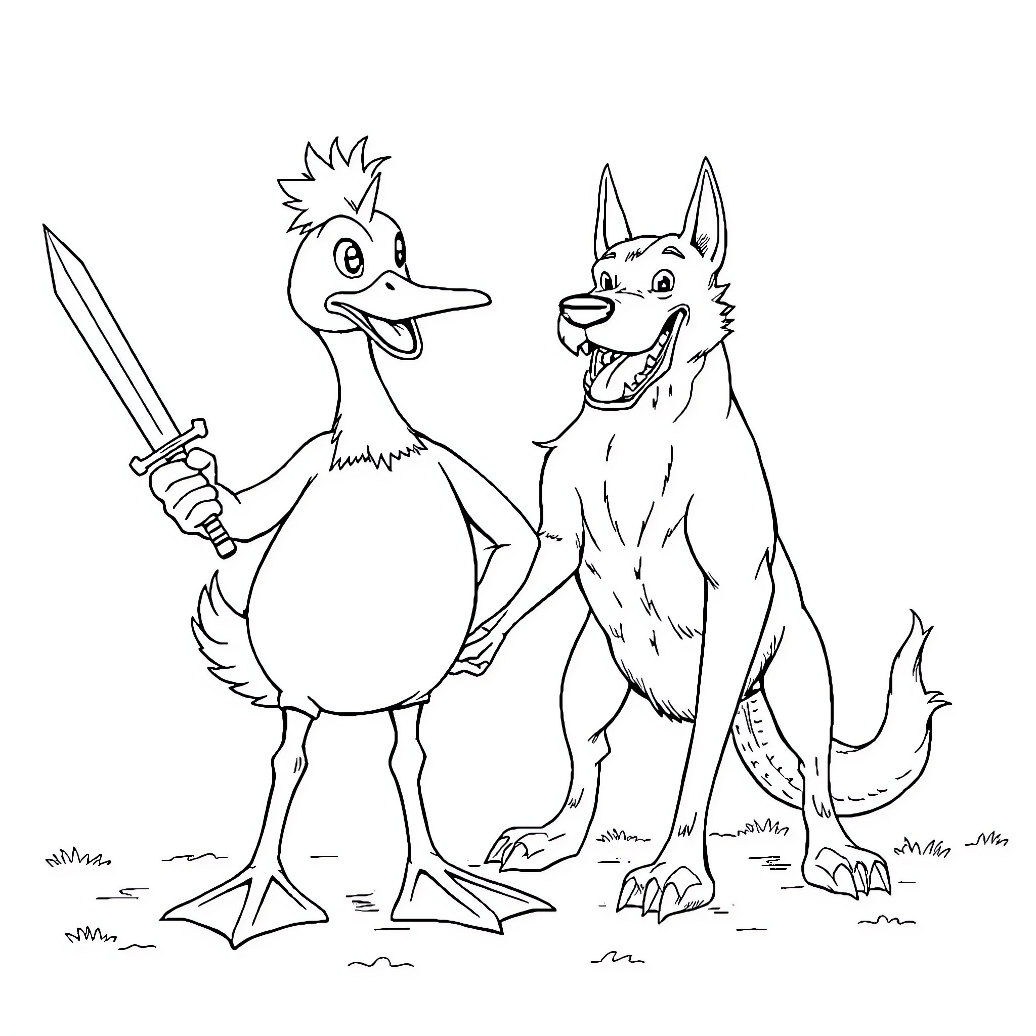 Duck and Dog Wielding Swords in Adventurous Scene Coloring Page (free black-and-white line drawing printable PDF for all, from beginners to advanced learners, including children, teens, adults, and seniors)