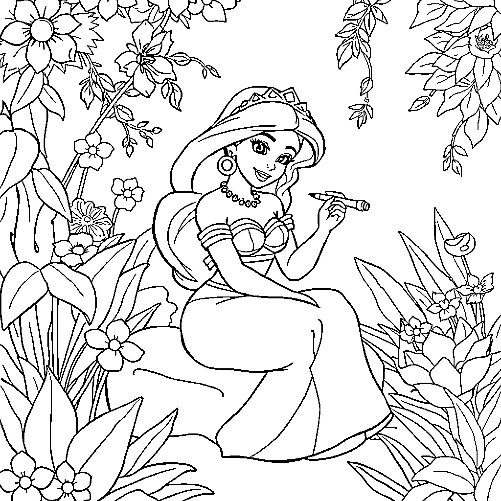 Jasmine exploring the enchanted garden Coloring Page (free black-and-white line drawing printable PDF for all, from beginners to advanced learners, including children, teens, adults, and seniors)