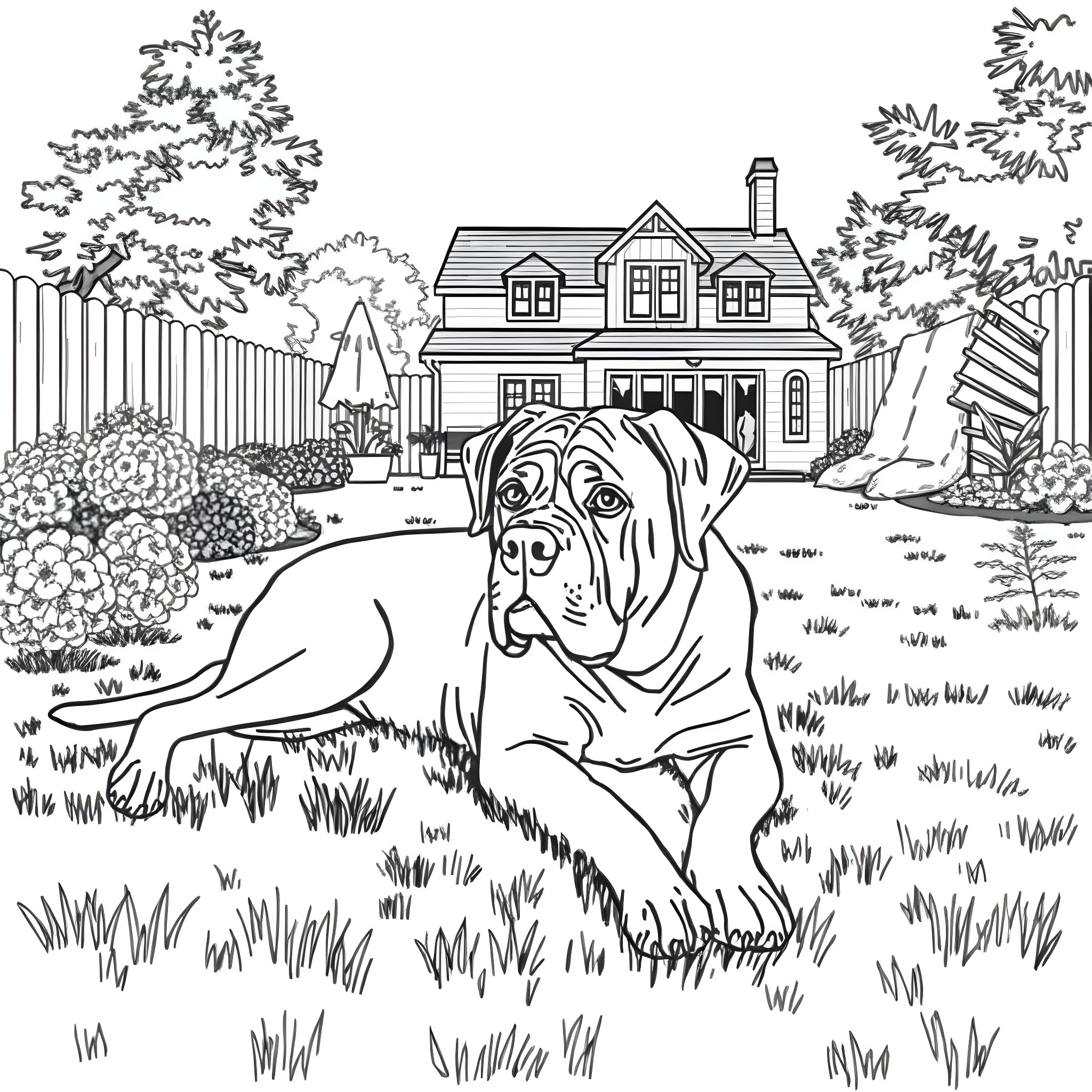 Mastiff relaxing in a scenic backyard setting Coloring Page (free black-and-white line drawing printable PDF for all, from beginners to advanced learners, including children, teens, adults, and seniors)