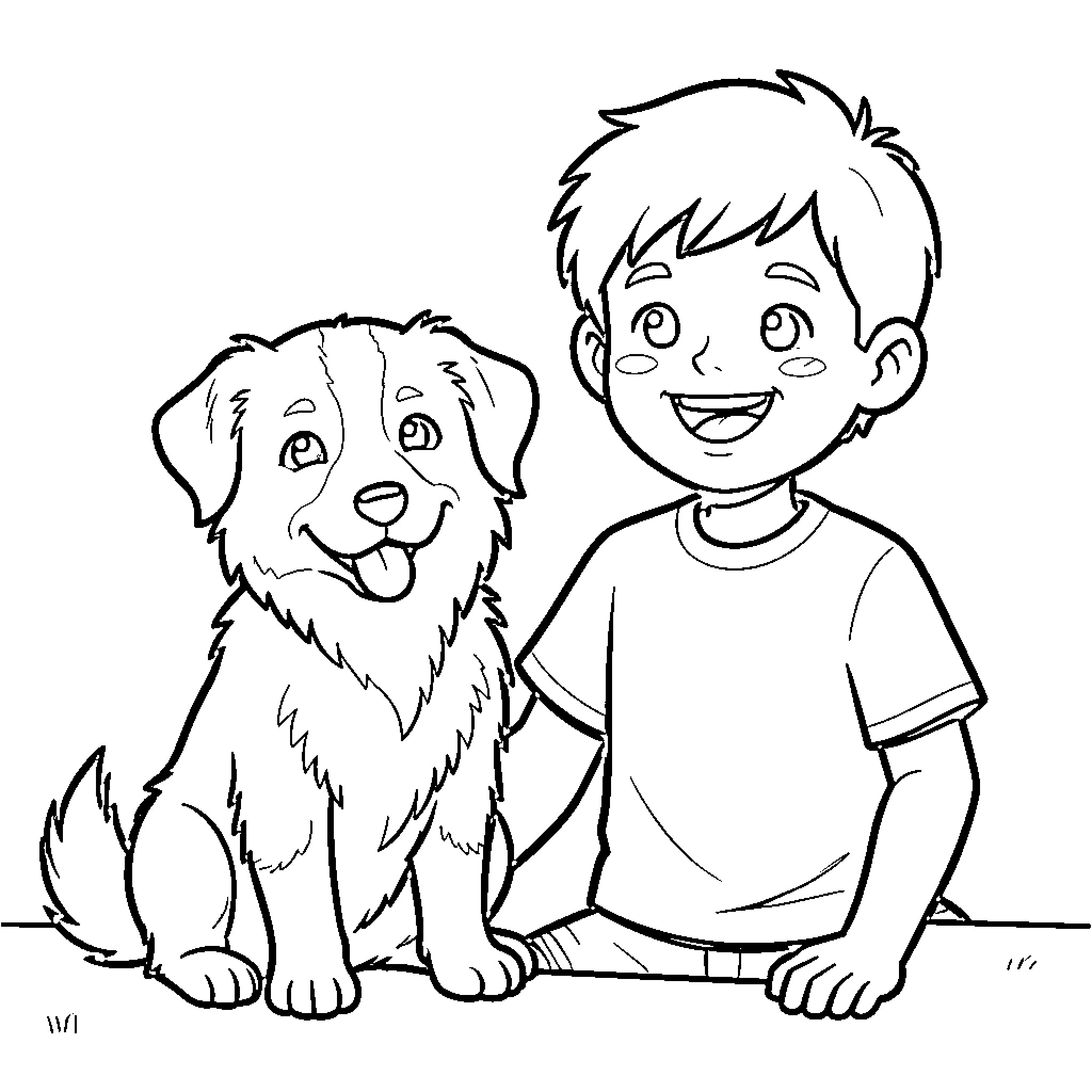 Border Collie sitting happily next to a smiling boy Coloring Page (free black-and-white line drawing printable PDF for all, from beginners to advanced learners, including children, teens, adults, and seniors)