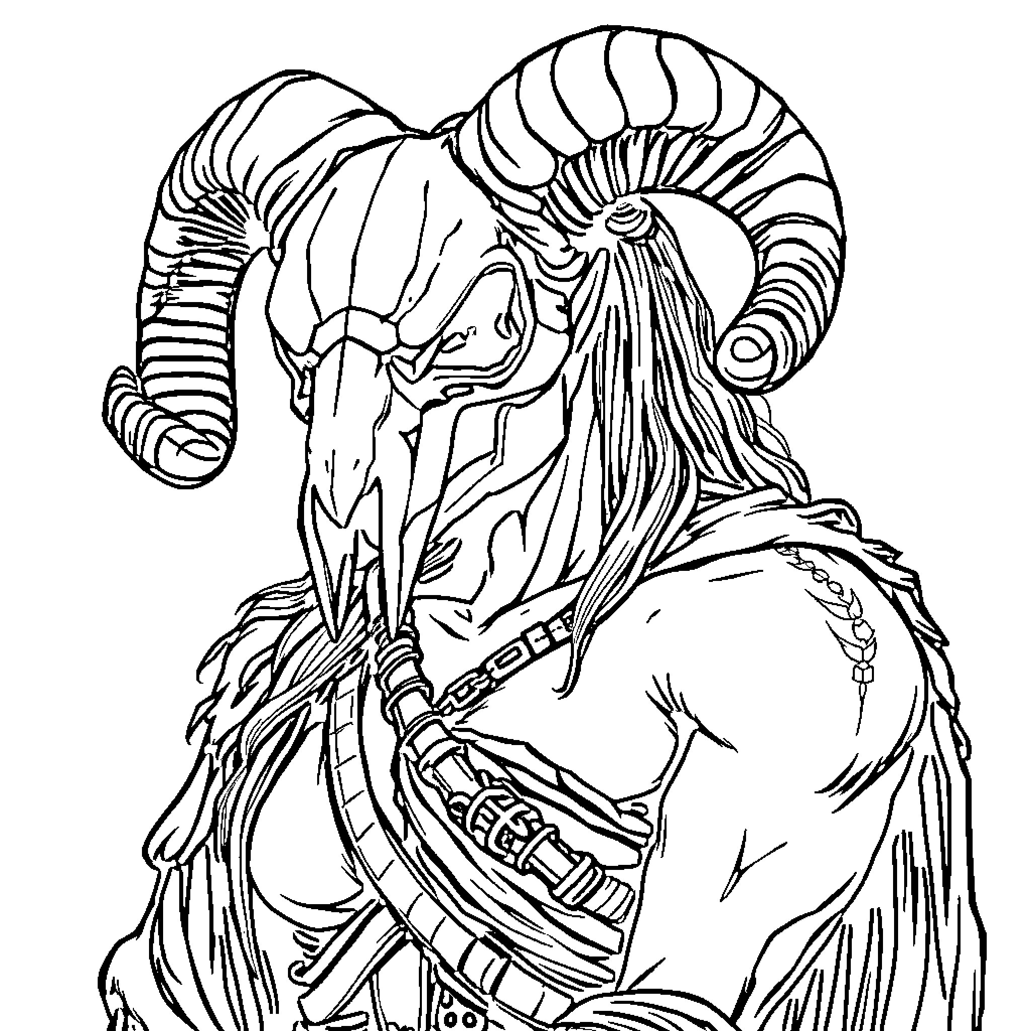 Woman with Horned Headpiece and Intricate Outfit Coloring Page (free black-and-white line drawing printable PDF for all, from beginners to advanced learners, including children, teens, adults, and seniors)