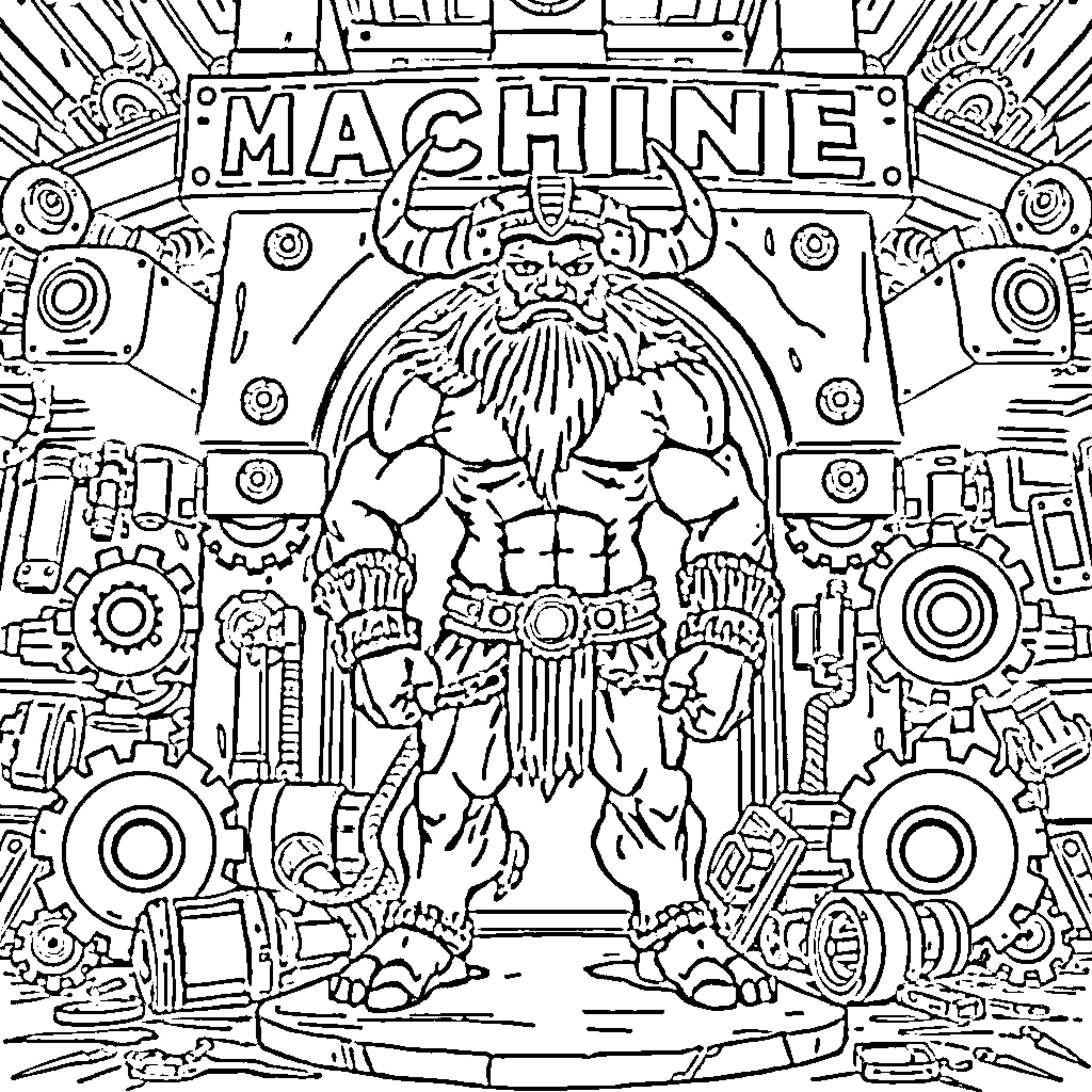 Minotaur operating a powerful mechanical machine Coloring Page (free black-and-white line drawing printable PDF for all, from beginners to advanced learners, including children, teens, adults, and seniors)
