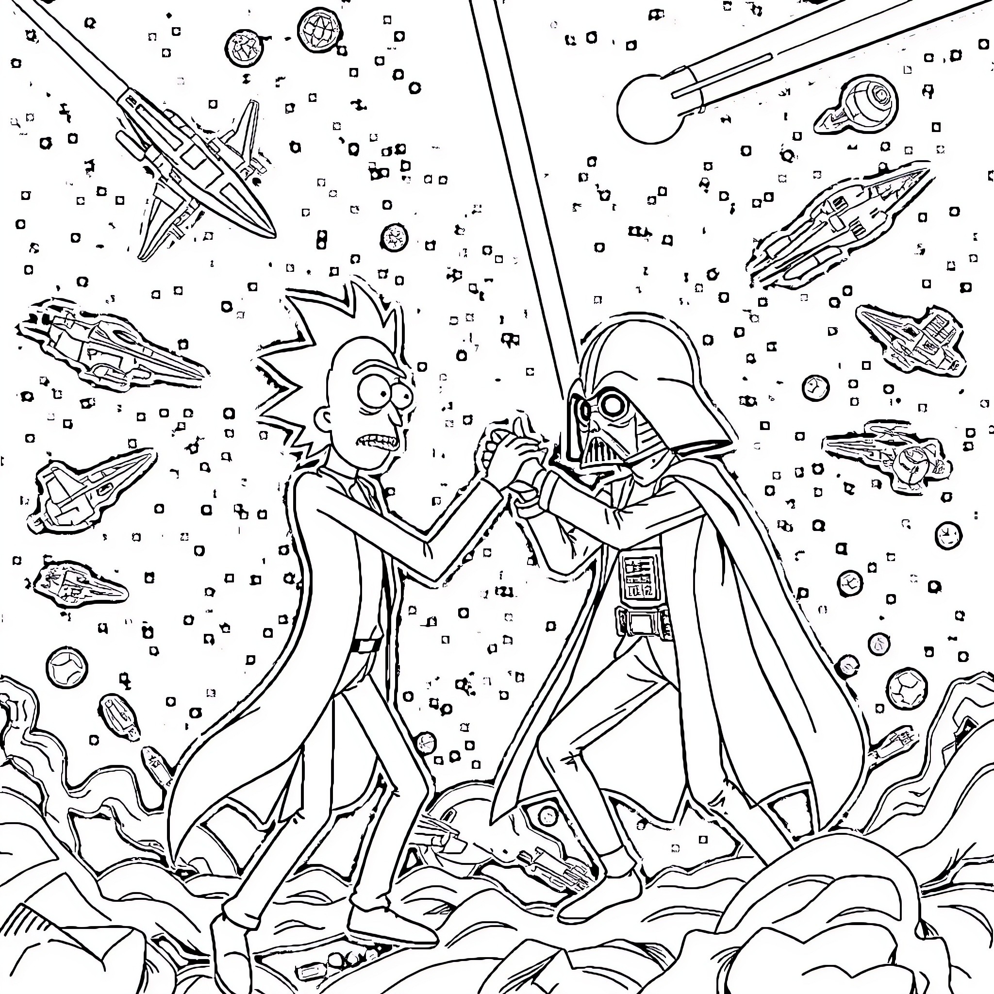 Rick And Morty's Intergalactic Misadventures Coloring Page (free black-and-white line drawing printable PDF for all, from beginners to advanced learners, including children, teens, adults, and seniors)