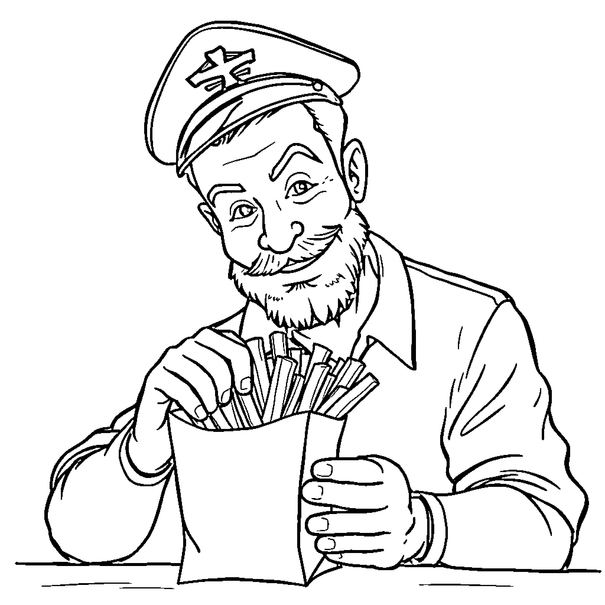 Guy selling tasty snacks at the counter Coloring Page (free black-and-white line drawing printable PDF for all, from beginners to advanced learners, including children, teens, adults, and seniors)