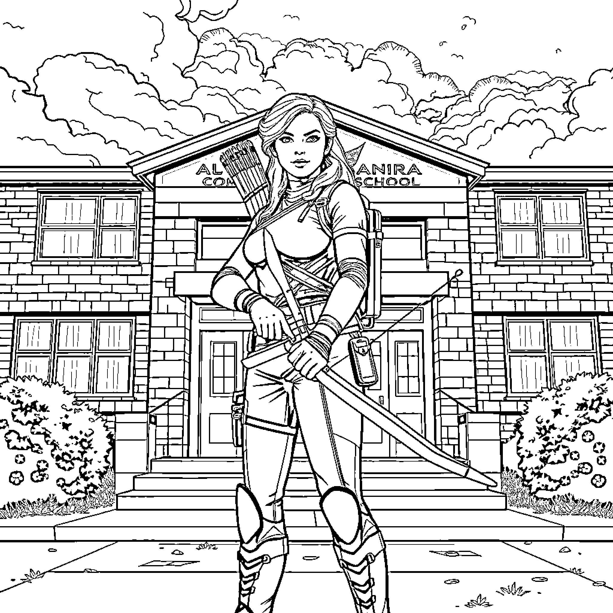 Katniss standing outside Amira school, with bow and arrow Coloring Page (free black-and-white line drawing printable PDF for all, from beginners to advanced learners, including children, teens, adults, and seniors)