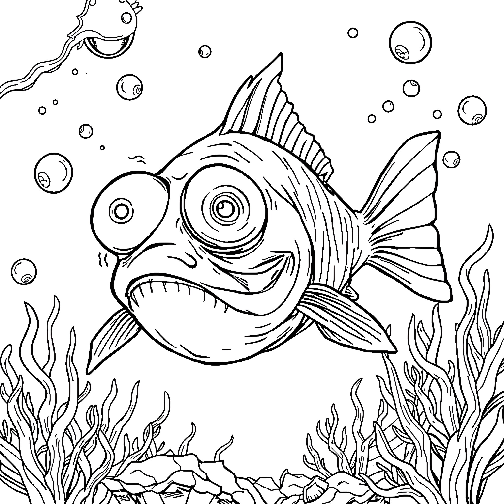 Fish swimming in the underwater world Coloring Page (free black-and-white line drawing printable PDF for all, from beginners to advanced learners, including children, teens, adults, and seniors)