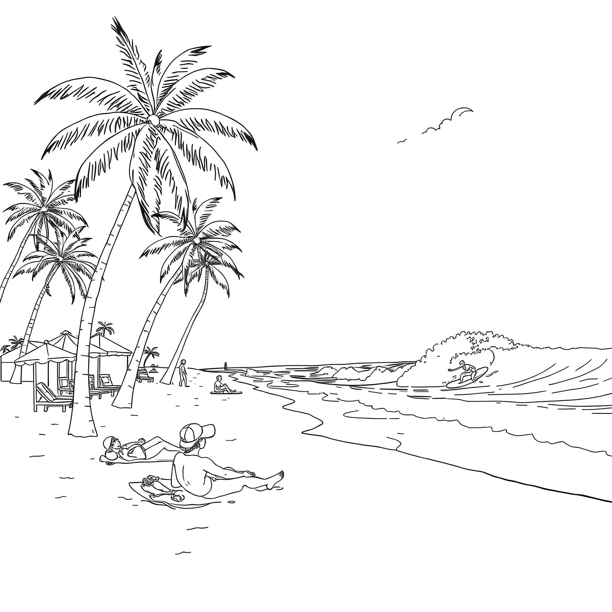 Bikini-clad beachgoers enjoying the tropical scene Coloring Page (free black-and-white line drawing printable PDF for all, from beginners to advanced learners, including children, teens, adults, and seniors)