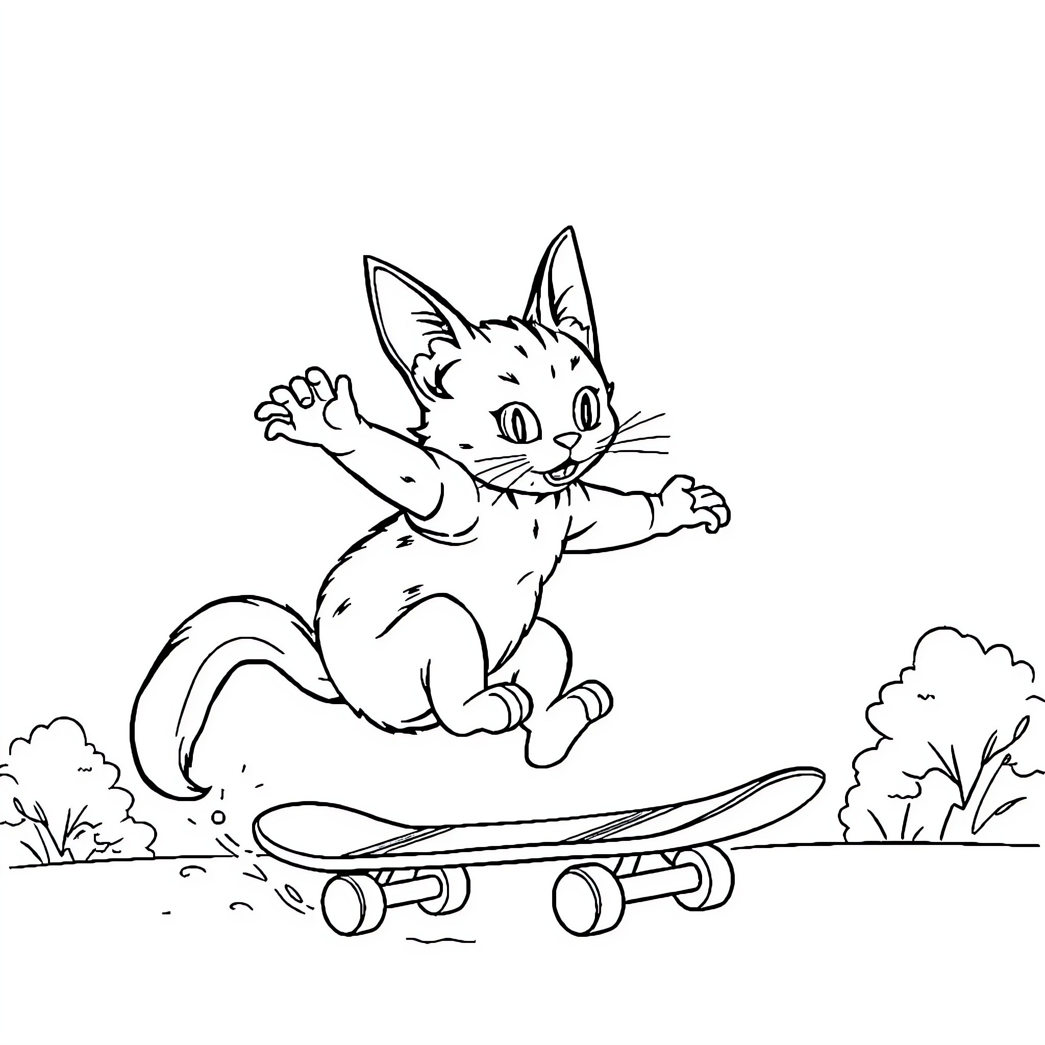 Cat riding a skateboard in the park Coloring Page (free black-and-white line drawing printable PDF for all, from beginners to advanced learners, including children, teens, adults, and seniors)