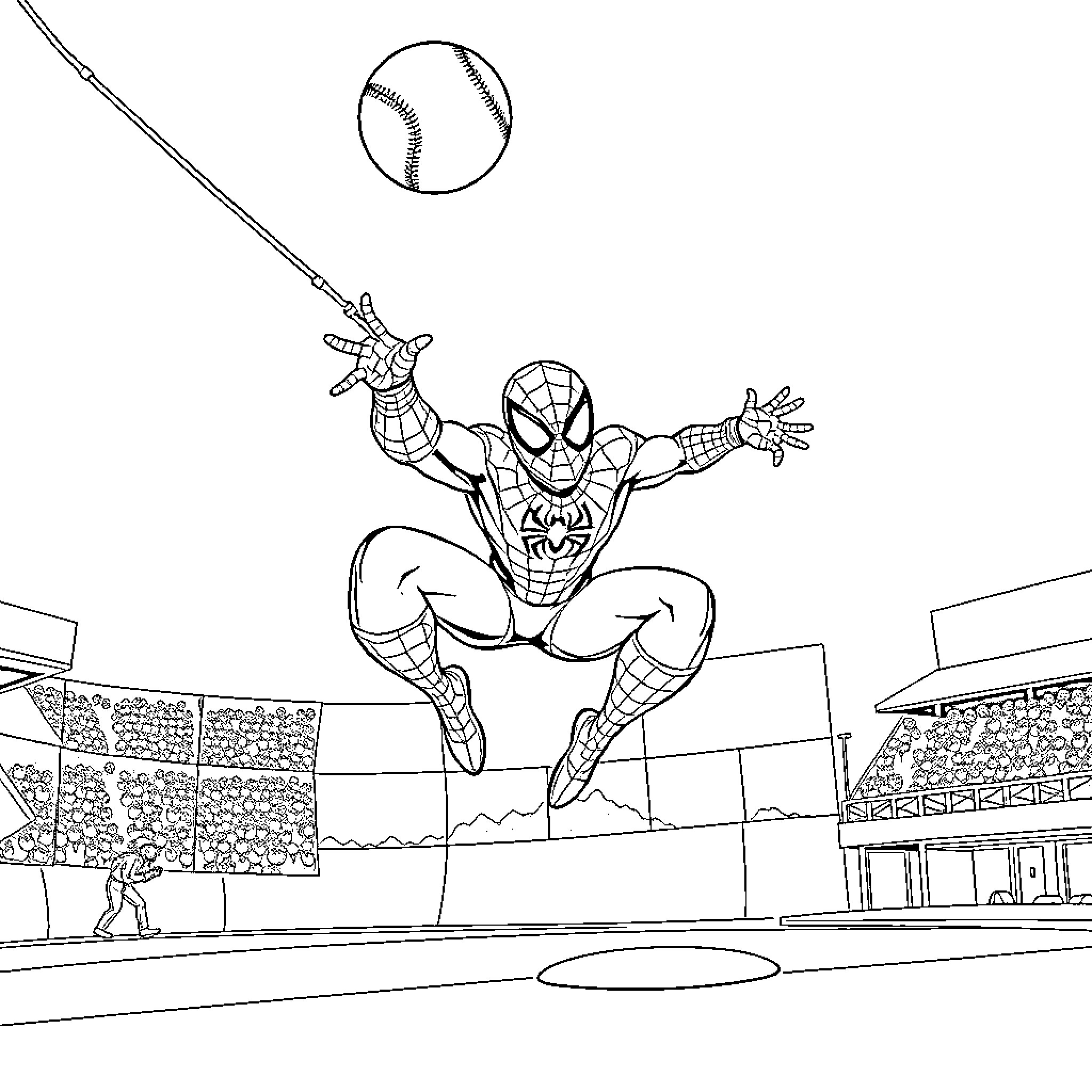 Spiderman Swinging and Catching Baseball in Stadium Coloring Page (free black-and-white line drawing printable PDF for all, from beginners to advanced learners, including children, teens, adults, and seniors)