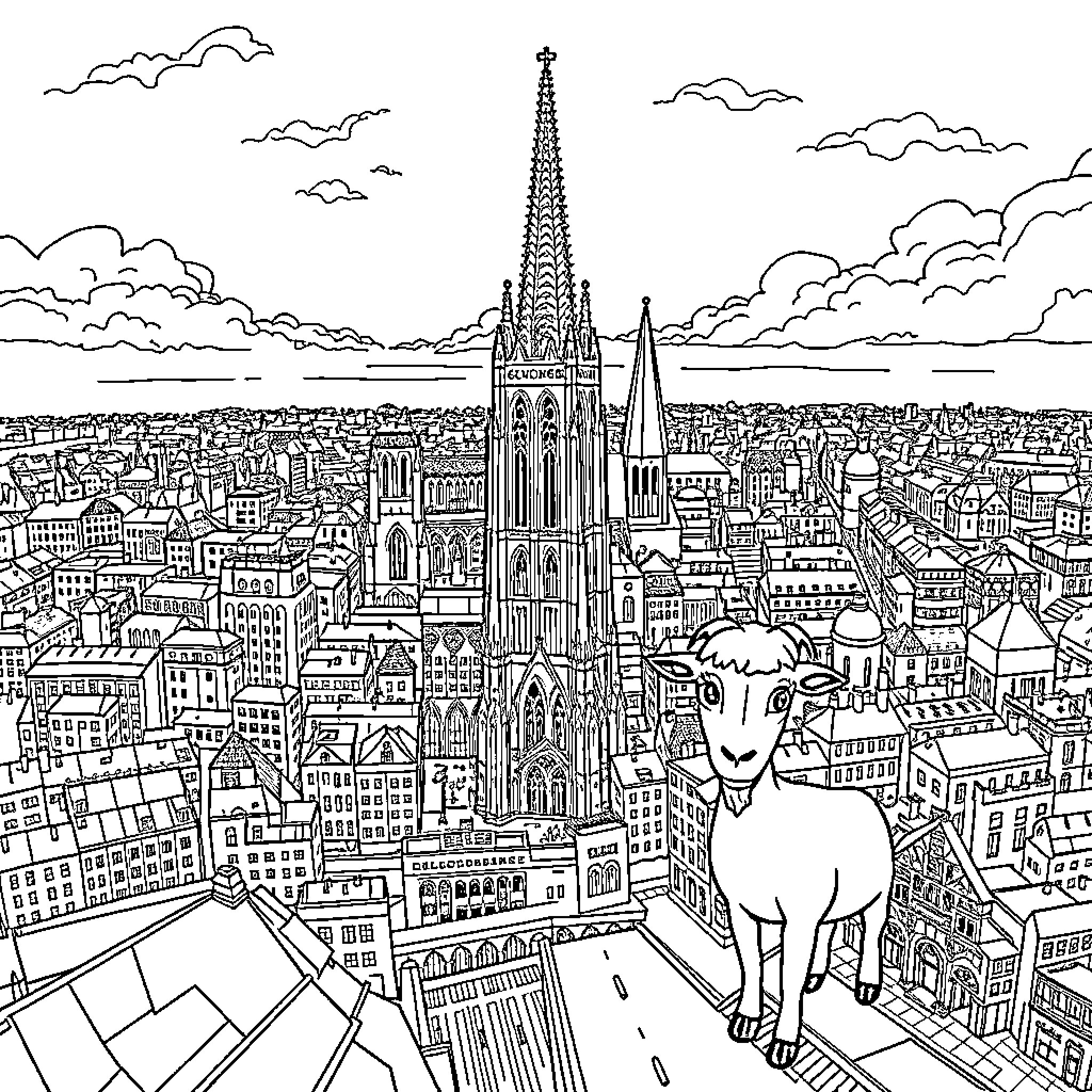 City bustling with architectural wonders and animal presence Coloring Page (free black-and-white line drawing printable PDF for all, from beginners to advanced learners, including children, teens, adults, and seniors)