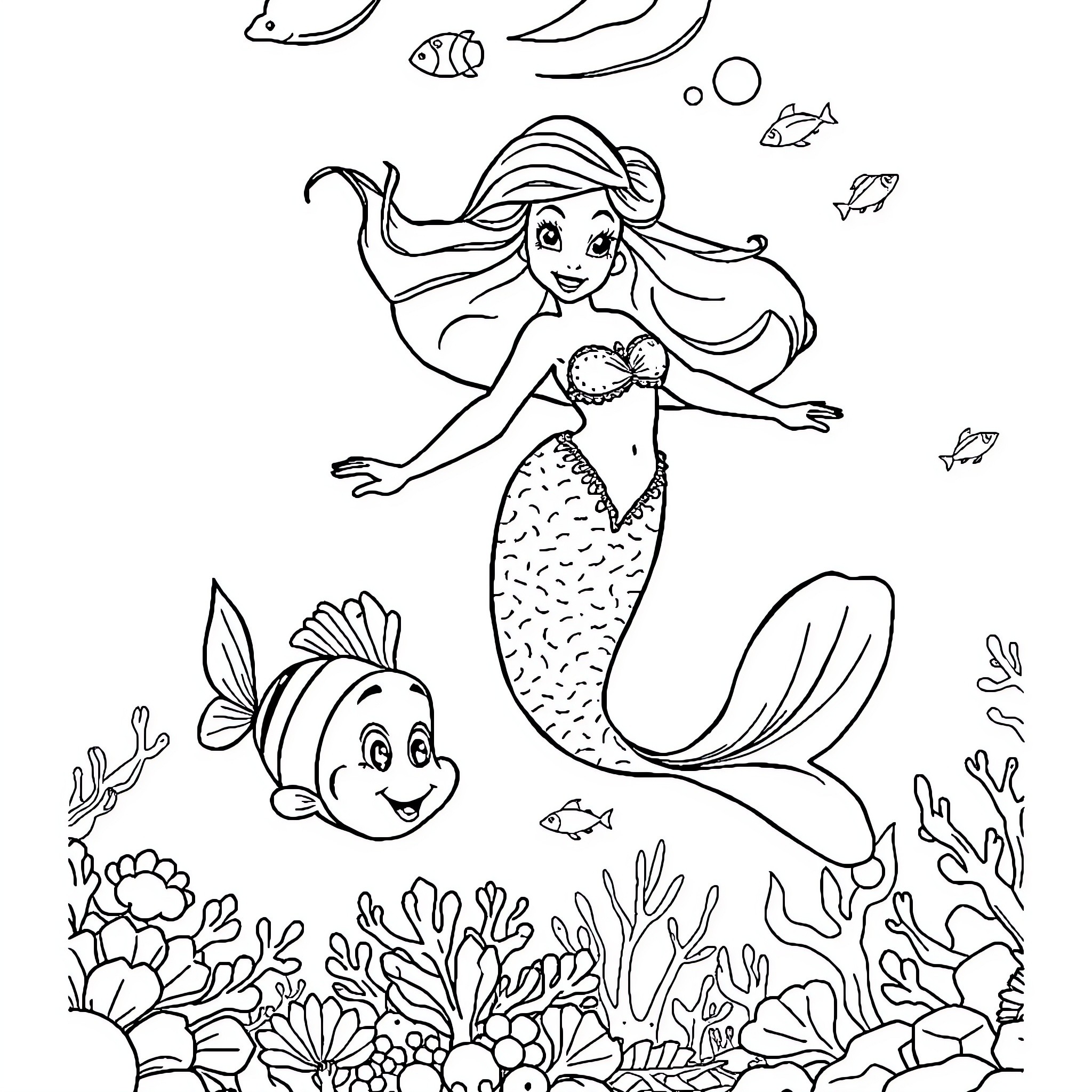 Ariel exploring the underwater world with friends Coloring Page (free black-and-white line drawing printable PDF for all, from beginners to advanced learners, including children, teens, adults, and seniors)