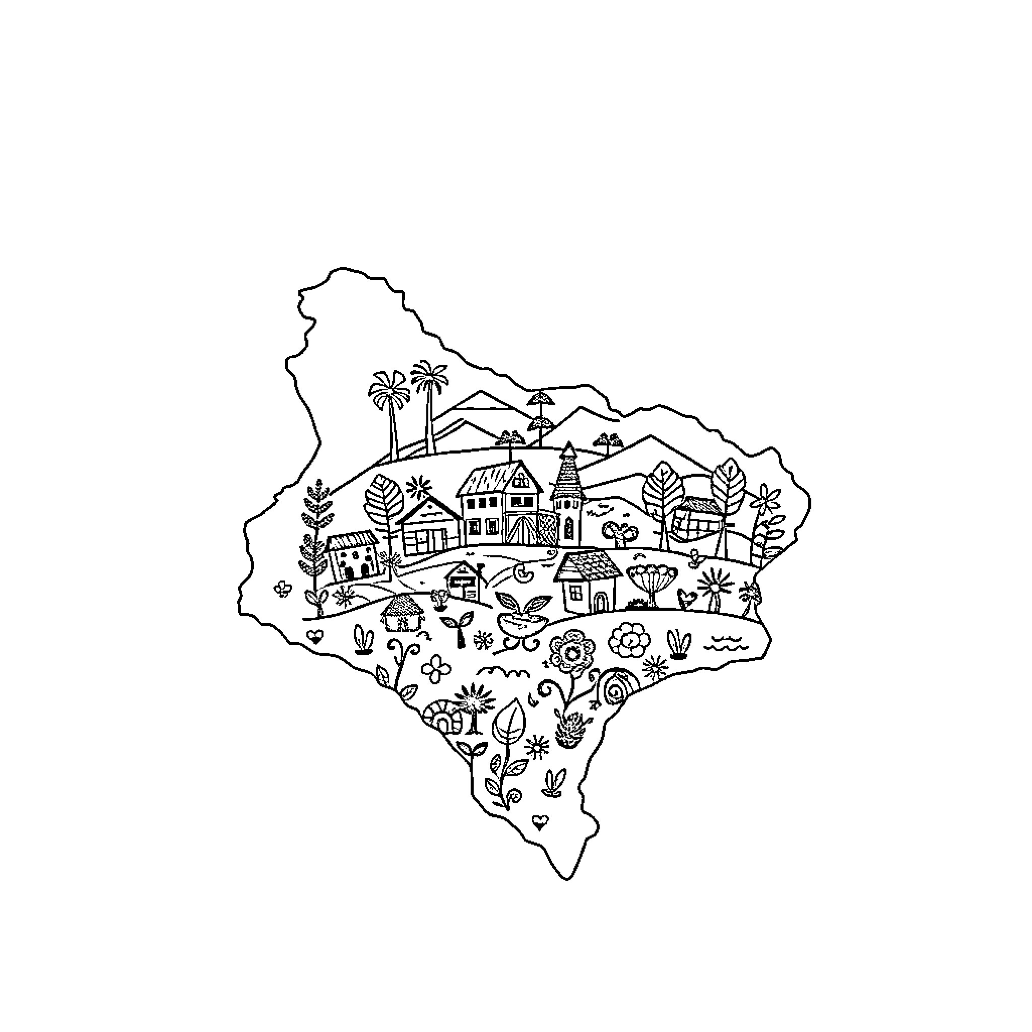 Map of a Whimsical Countryside Landscape Coloring Page (free black-and-white line drawing printable PDF for all, from beginners to advanced learners, including children, teens, adults, and seniors)
