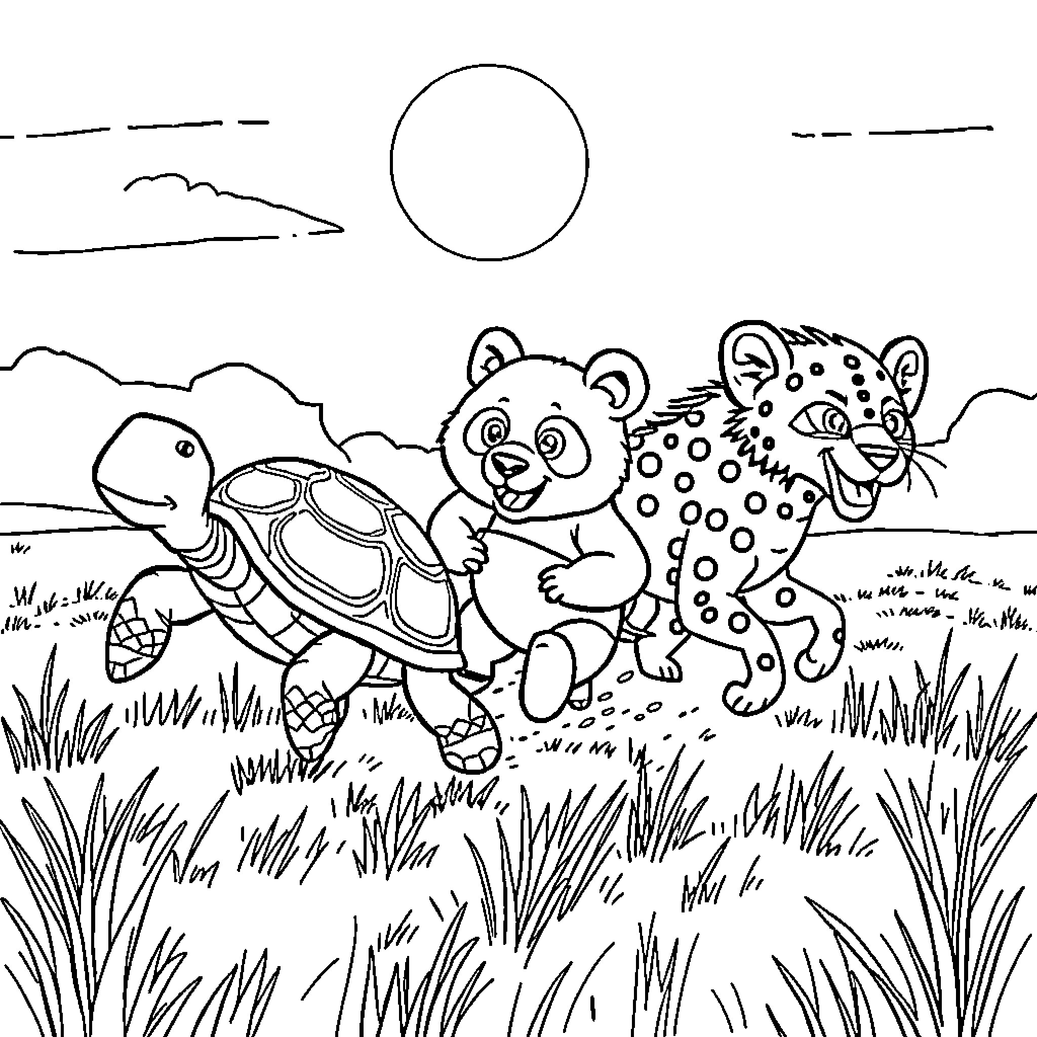 Turtle and friends enjoying the outdoors Coloring Page (free black-and-white line drawing printable PDF for all, from beginners to advanced learners, including children, teens, adults, and seniors)