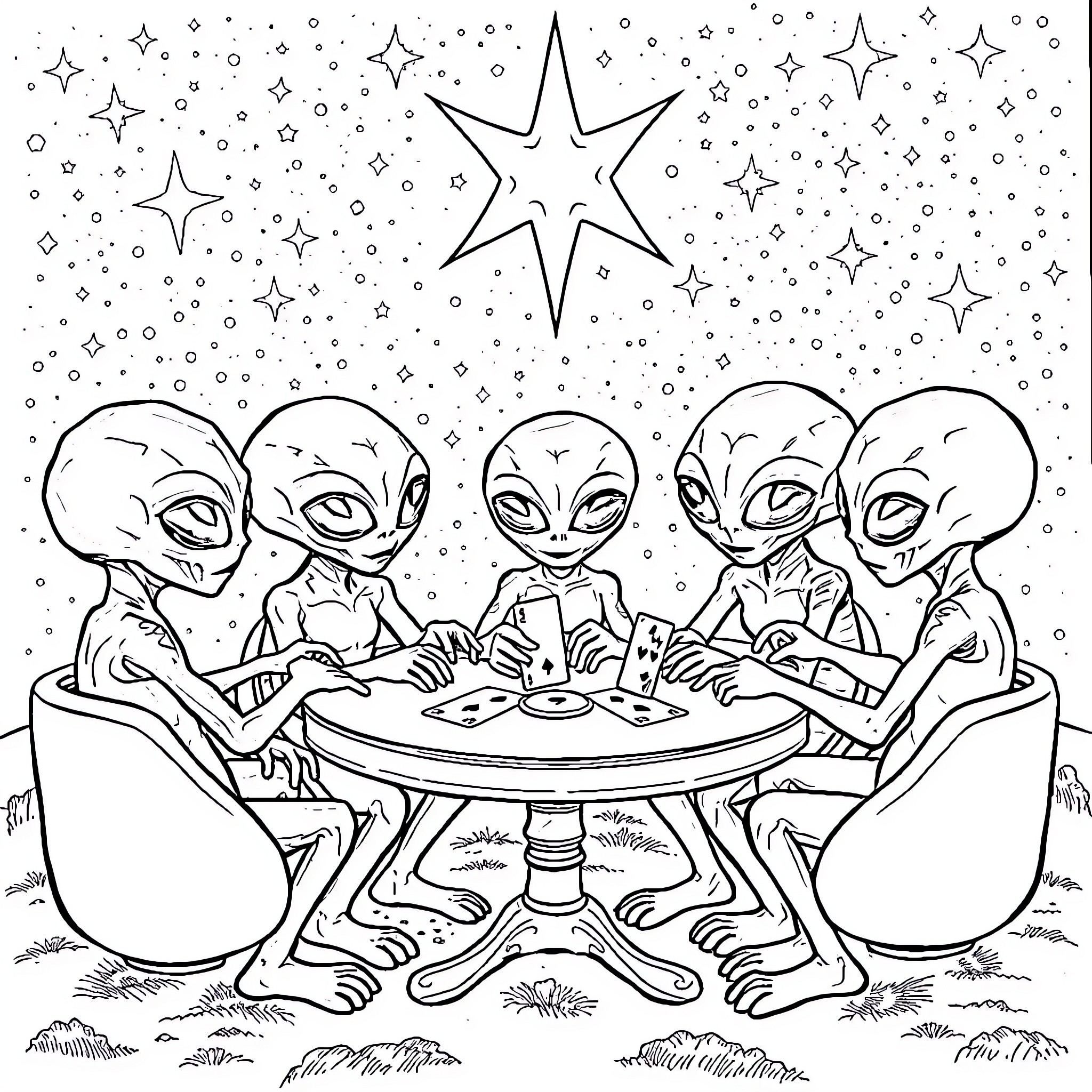 Alien friends gathering for a cosmic board game Coloring Page (free black-and-white line drawing printable PDF for all, from beginners to advanced learners, including children, teens, adults, and seniors)