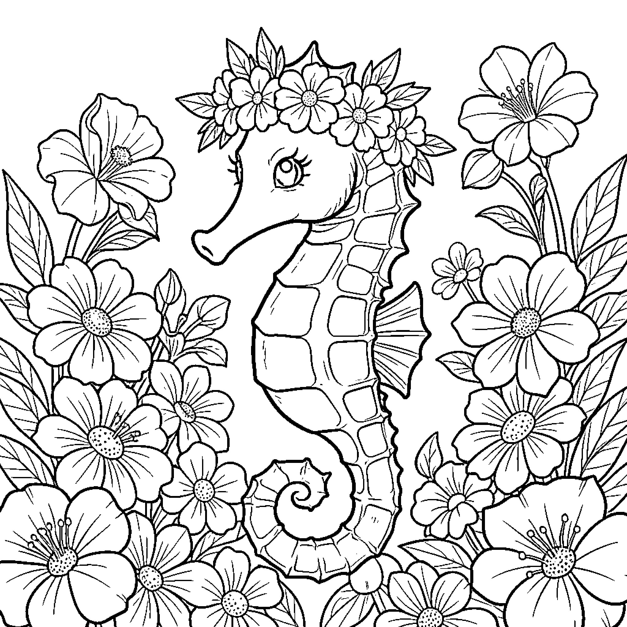 Hippocampe wearing a beautiful flower crown amidst blossoms Coloring Page (free black-and-white line drawing printable PDF for all, from beginners to advanced learners, including children, teens, adults, and seniors)
