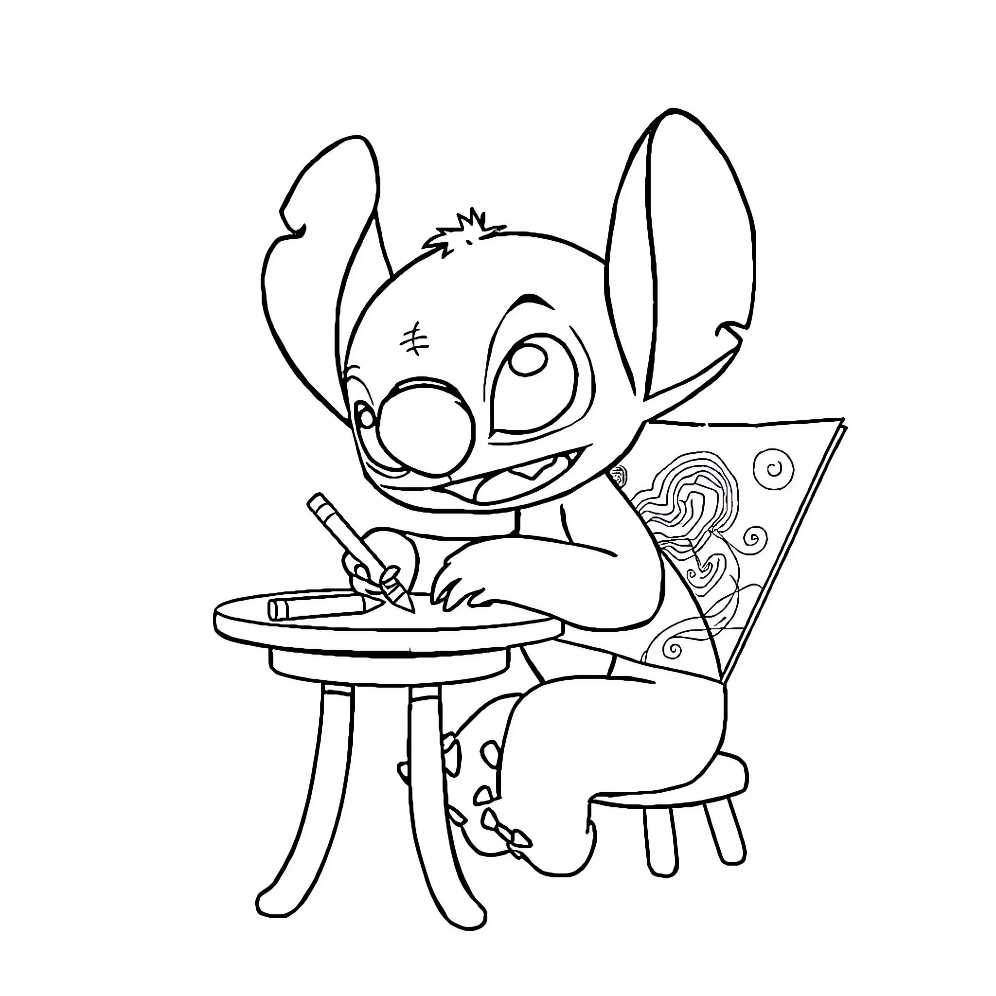 Stitch sketching a design with enthusiasm Coloring Page (free black-and-white line drawing printable PDF for all, from beginners to advanced learners, including children, teens, adults, and seniors)