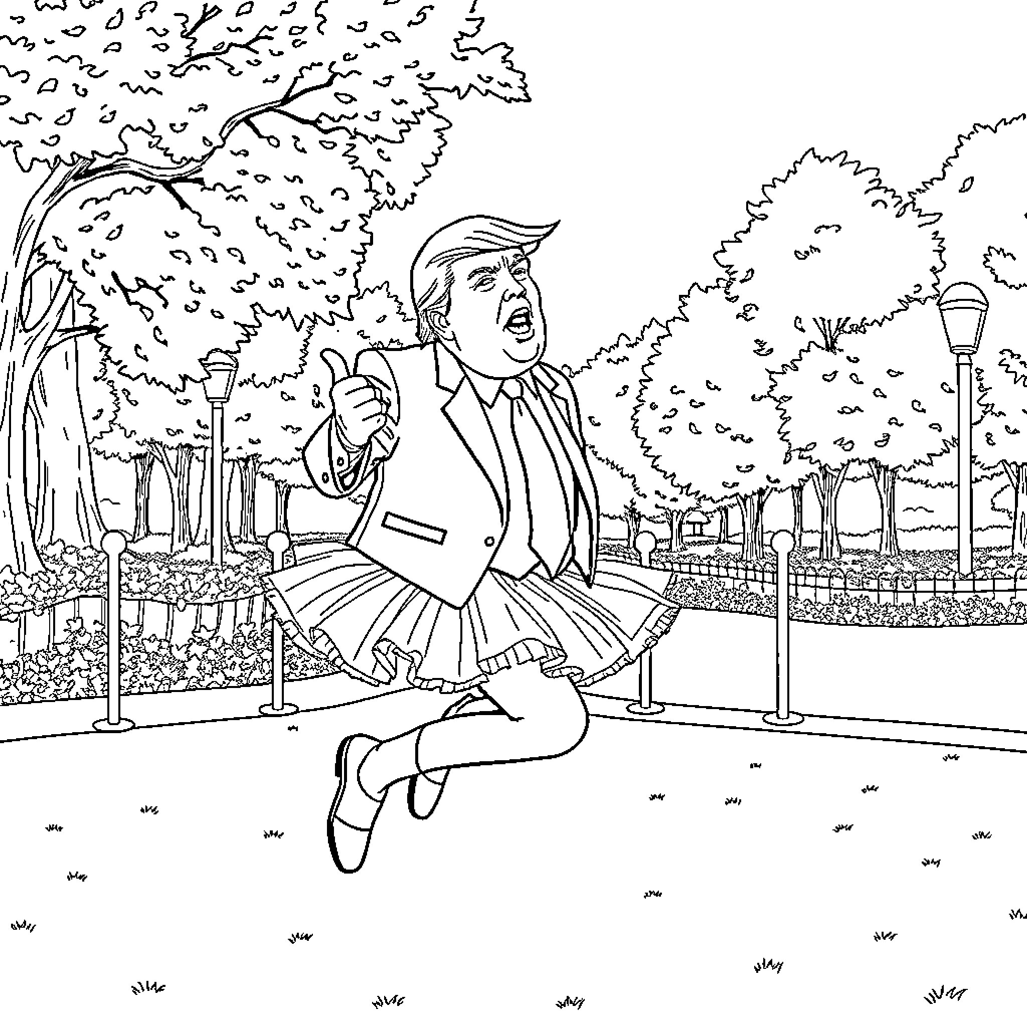 Donald Trump excitedly gestures in a park setting Coloring Page (free black-and-white line drawing printable PDF for all, from beginners to advanced learners, including children, teens, adults, and seniors)