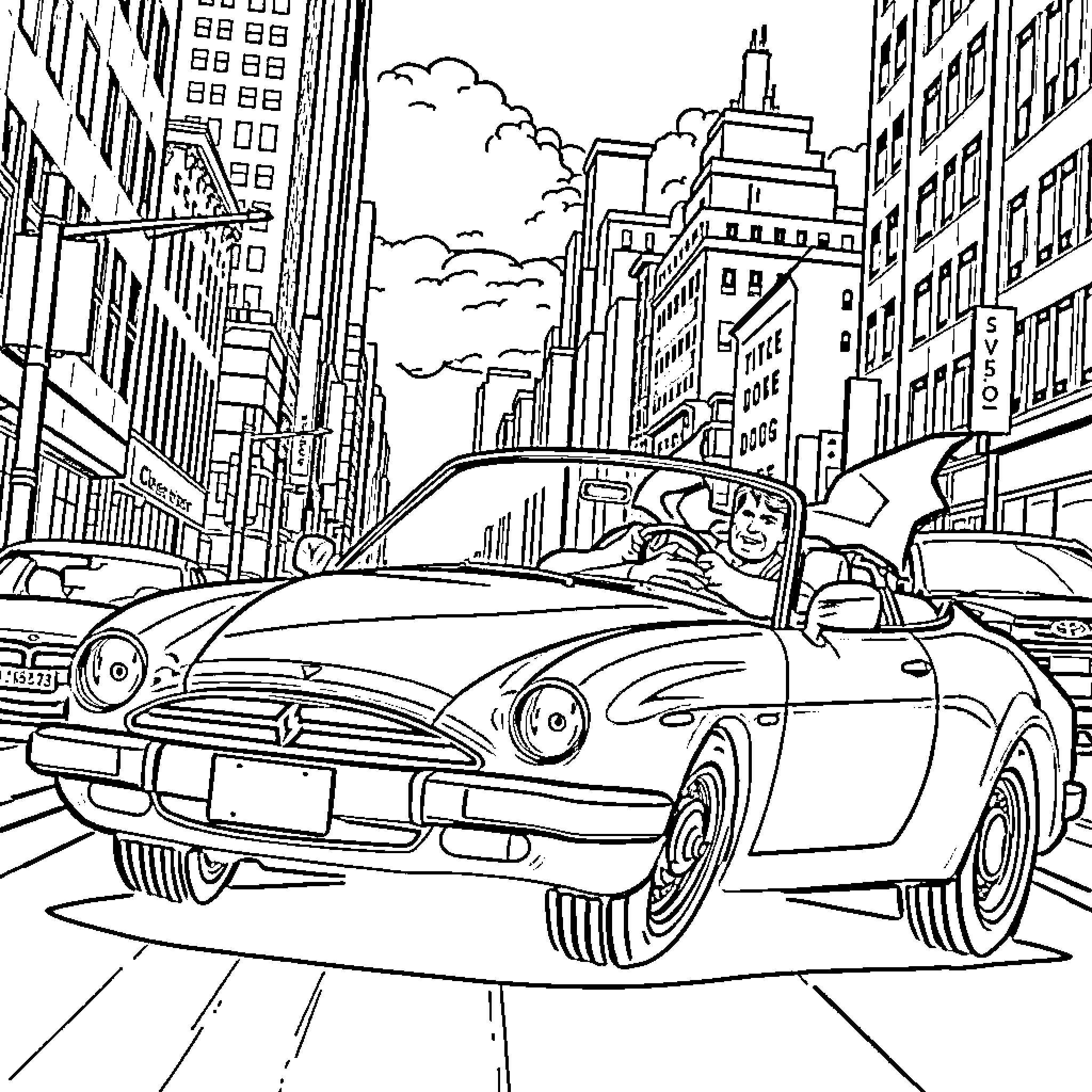 Superman driving a sports car through the city Coloring Page (free black-and-white line drawing printable PDF for all, from beginners to advanced learners, including children, teens, adults, and seniors)