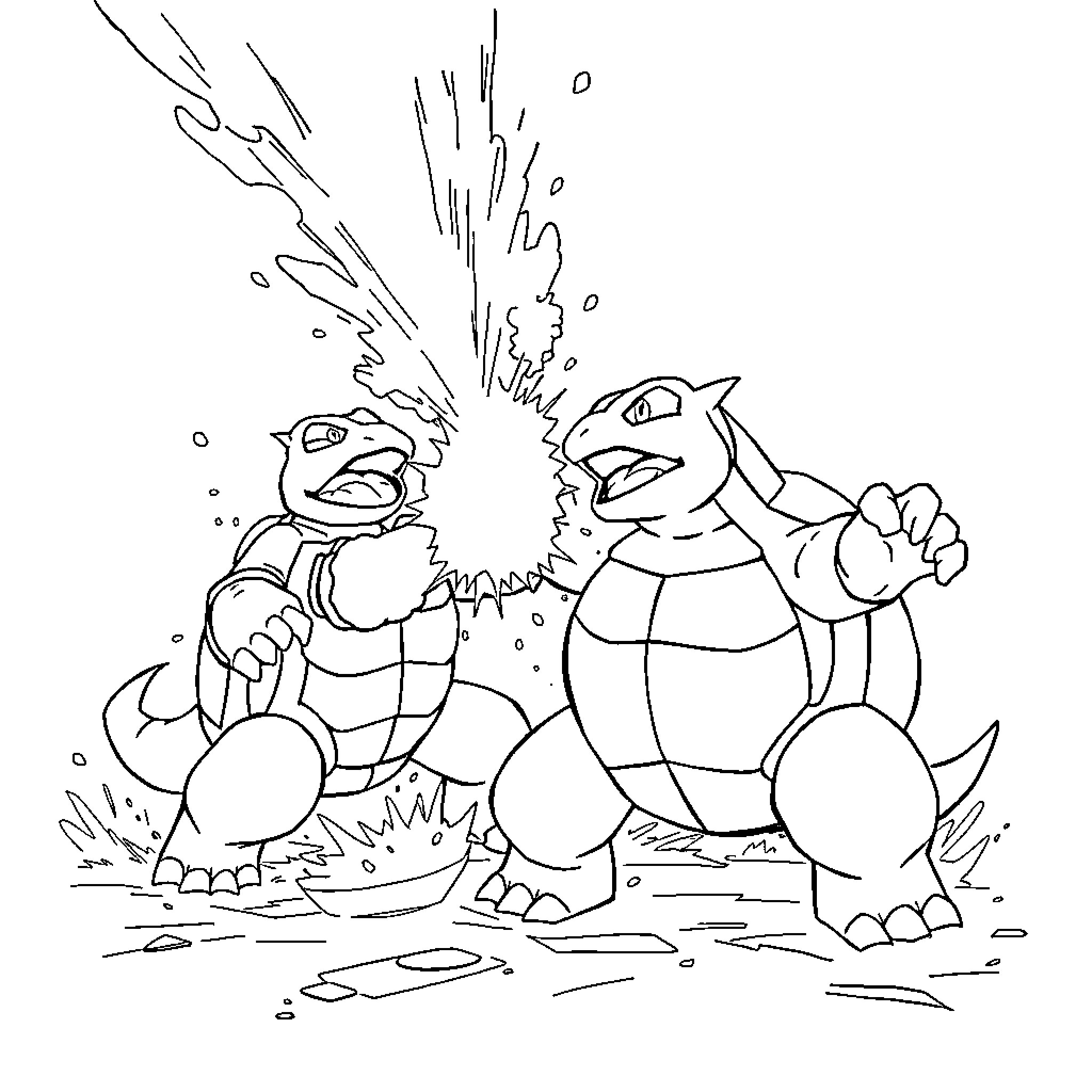 Blastoise Engaged in Intense Battle Coloring Page (free black-and-white line drawing printable PDF for all, from beginners to advanced learners, including children, teens, adults, and seniors)