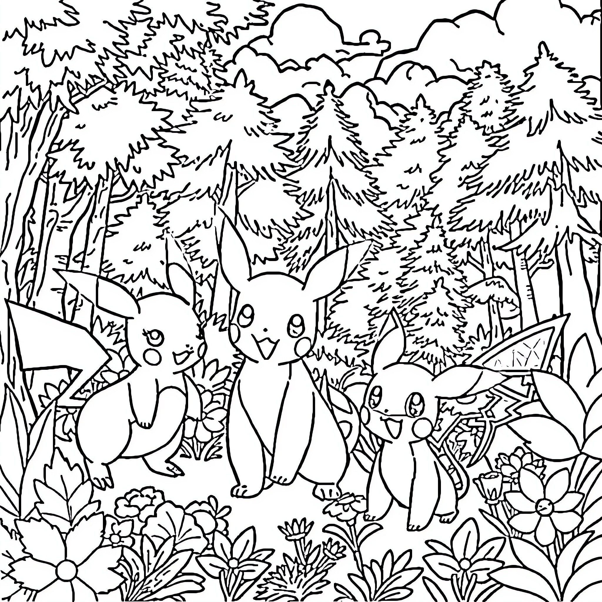 Pokémon characters exploring the magical forest Coloring Page (free black-and-white line drawing printable PDF for all, from beginners to advanced learners, including children, teens, adults, and seniors)