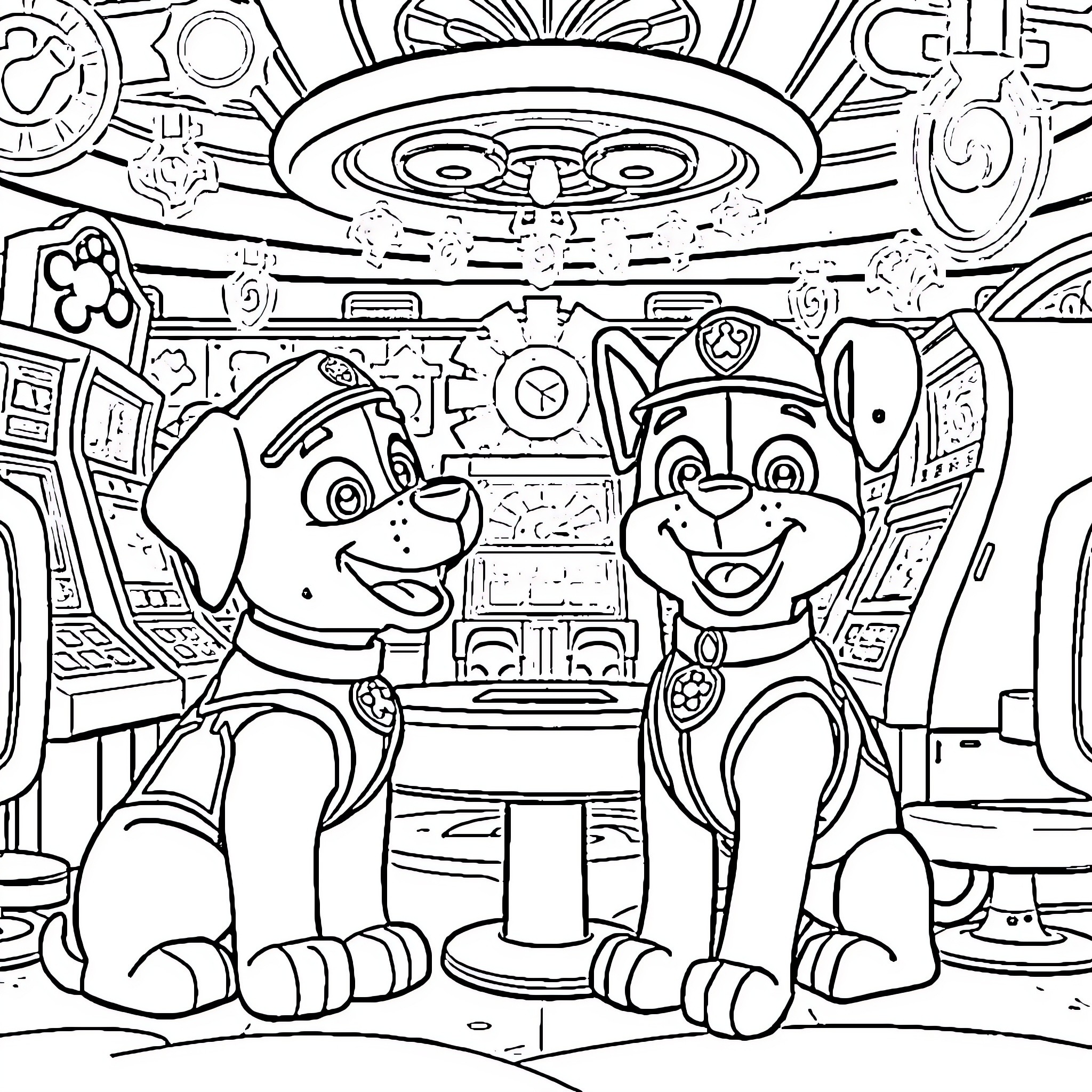 Dog pals in futuristic control room Coloring Page (free black-and-white line drawing printable PDF for all, from beginners to advanced learners, including children, teens, adults, and seniors)