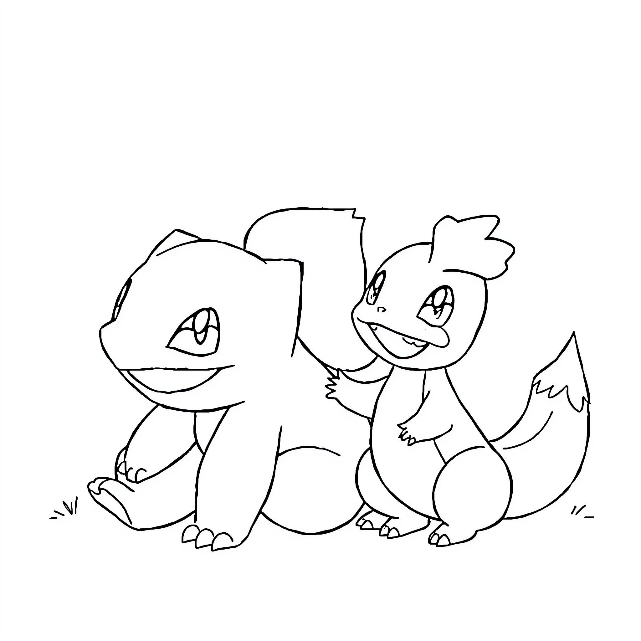 Bulbasaur playing with its friend Coloring Page (free black-and-white line drawing printable PDF for all, from beginners to advanced learners, including children, teens, adults, and seniors)