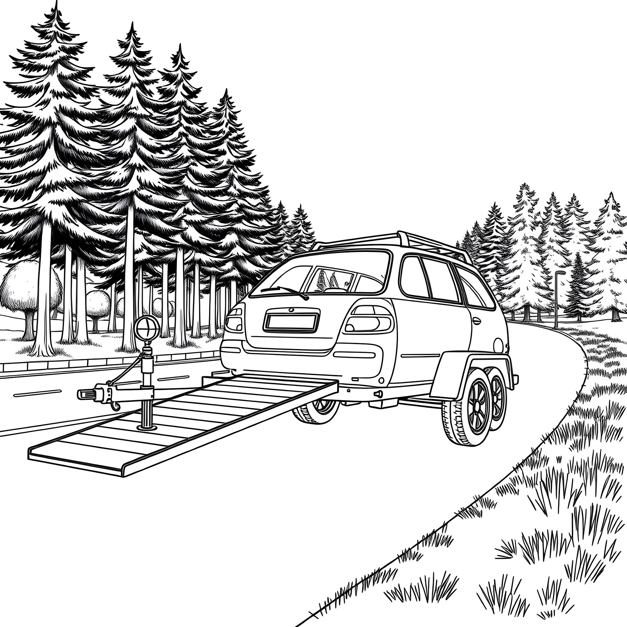 Car Trailer Loaded with Equipment in Winter Landscape Coloring Page (free black-and-white line drawing printable PDF for all, from beginners to advanced learners, including children, teens, adults, and seniors)